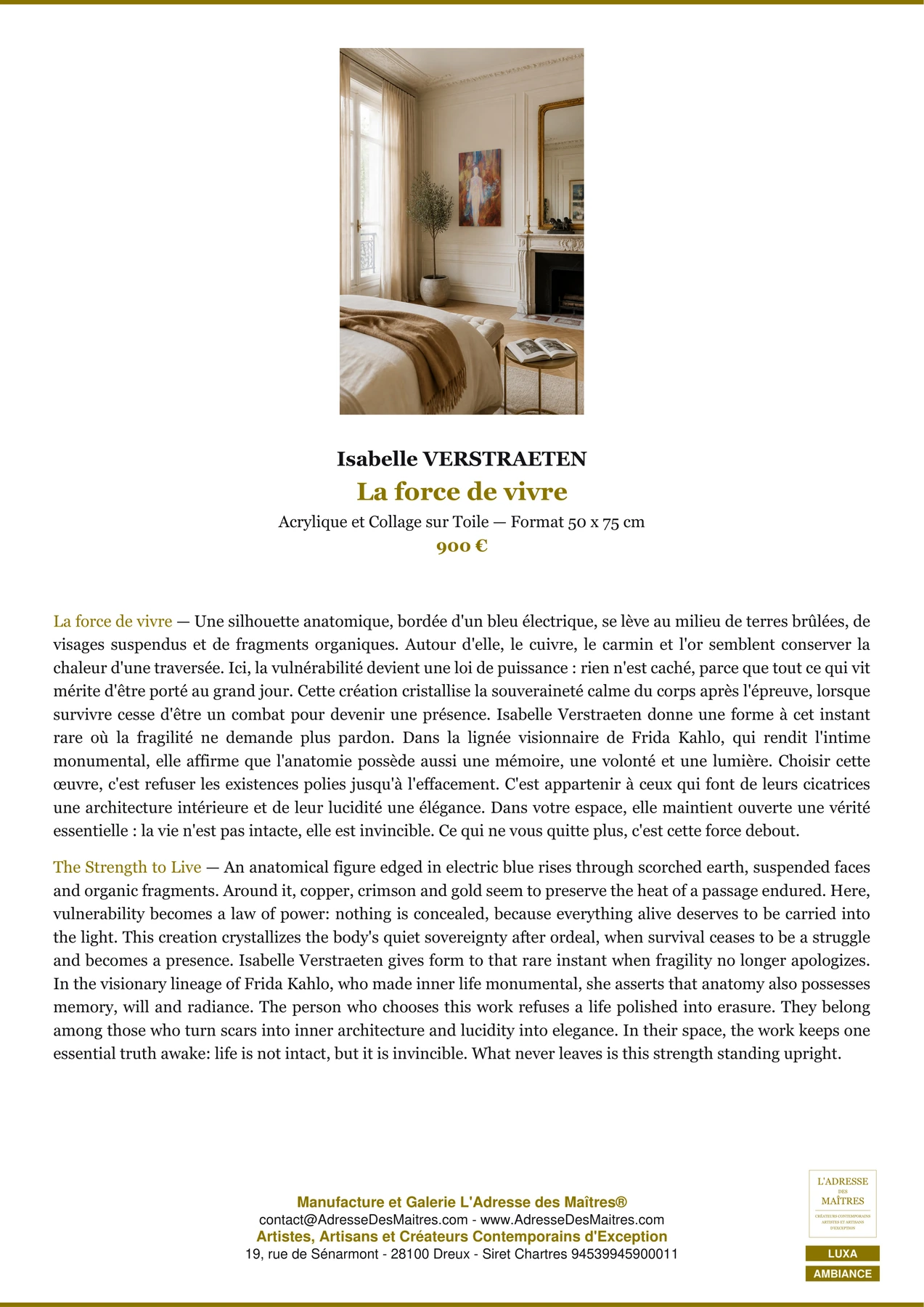Fiche Premium Ambiance - La force de vivre - Isabelle VERSTRAETEN - L'Adresse des Maîtres®