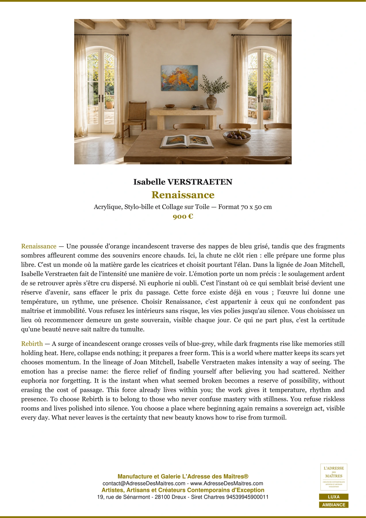 Fiche Premium Ambiance - Renaissance - Isabelle VERSTRAETEN - L'Adresse des Maîtres®