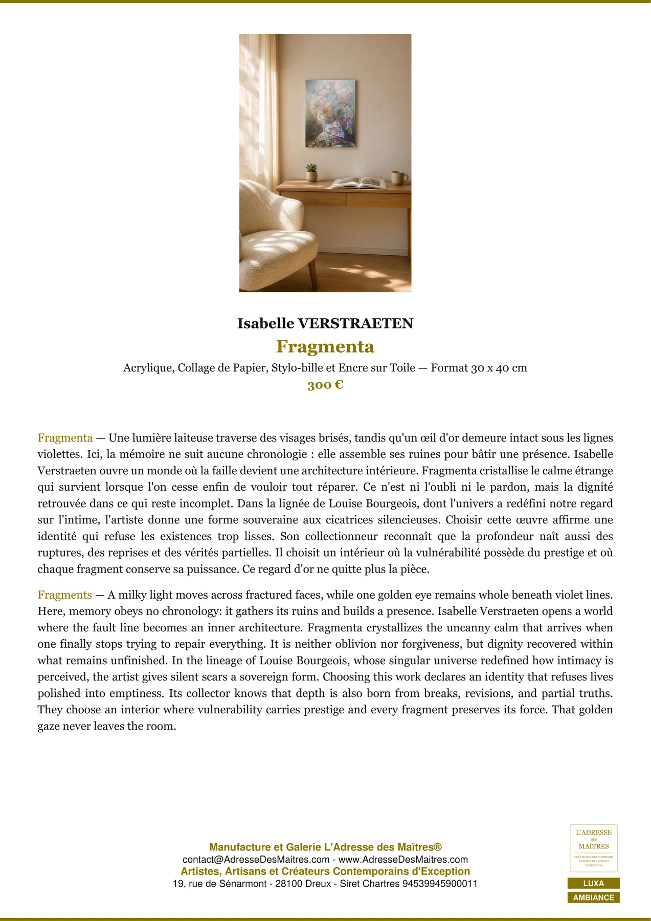 Fiche Premium Ambiance - Fragmenta - Isabelle VERSTRAETEN - L'Adresse des Maîtres®