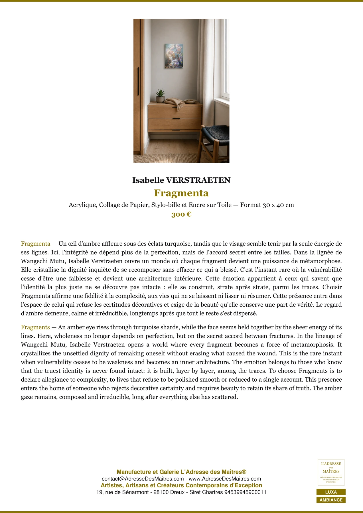 Fiche Premium Ambiance - Fragmenta - Isabelle VERSTRAETEN - L'Adresse des Maîtres®