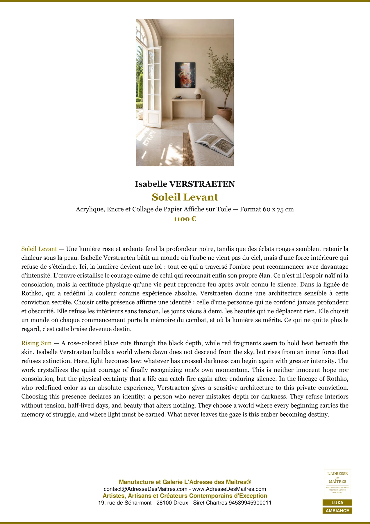 Fiche Premium Ambiance - Soleil Levant - Isabelle VERSTRAETEN - L'Adresse des Maîtres®