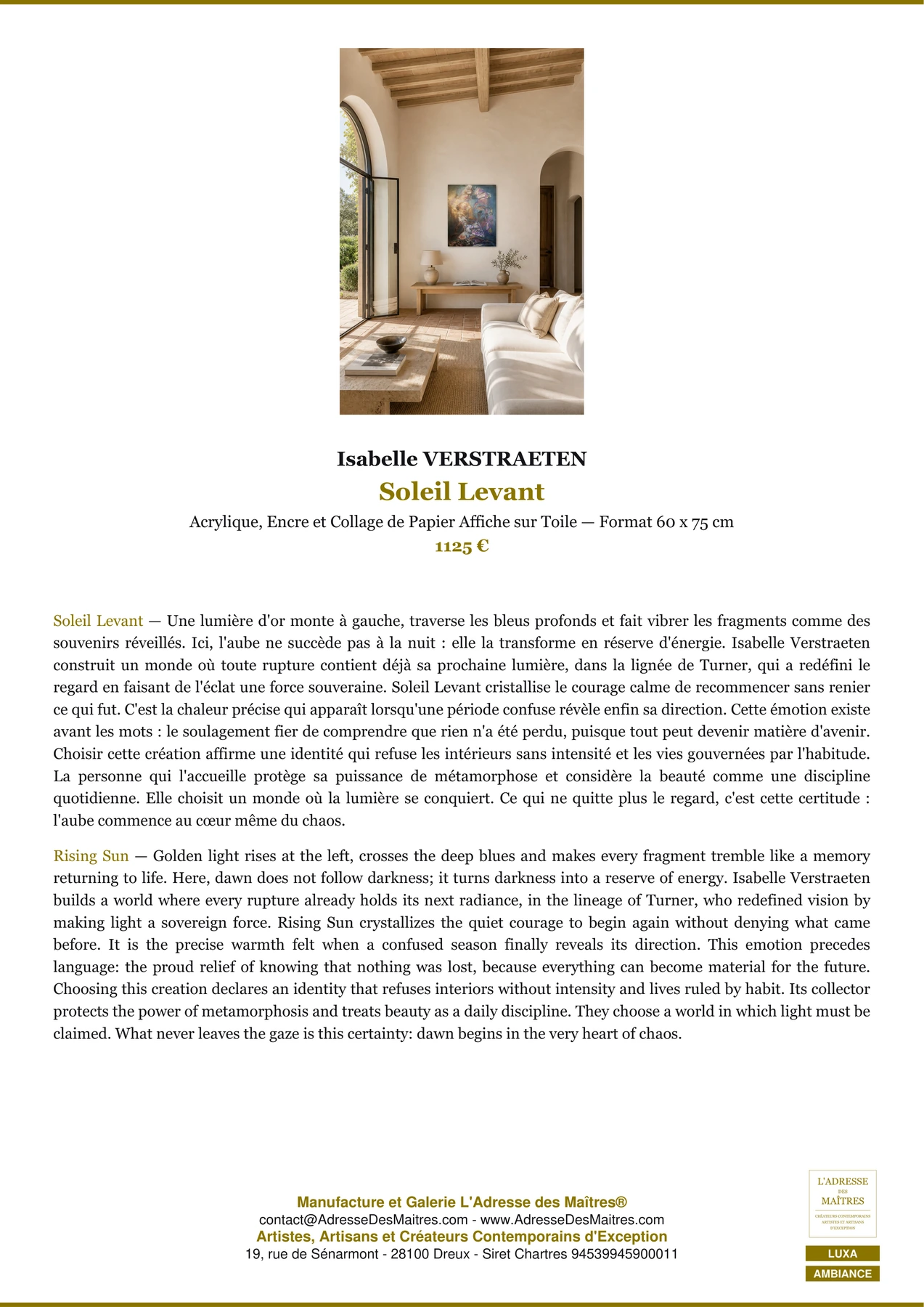 Fiche Premium Ambiance - Soleil Levant - Isabelle VERSTRAETEN - L'Adresse des Maîtres®