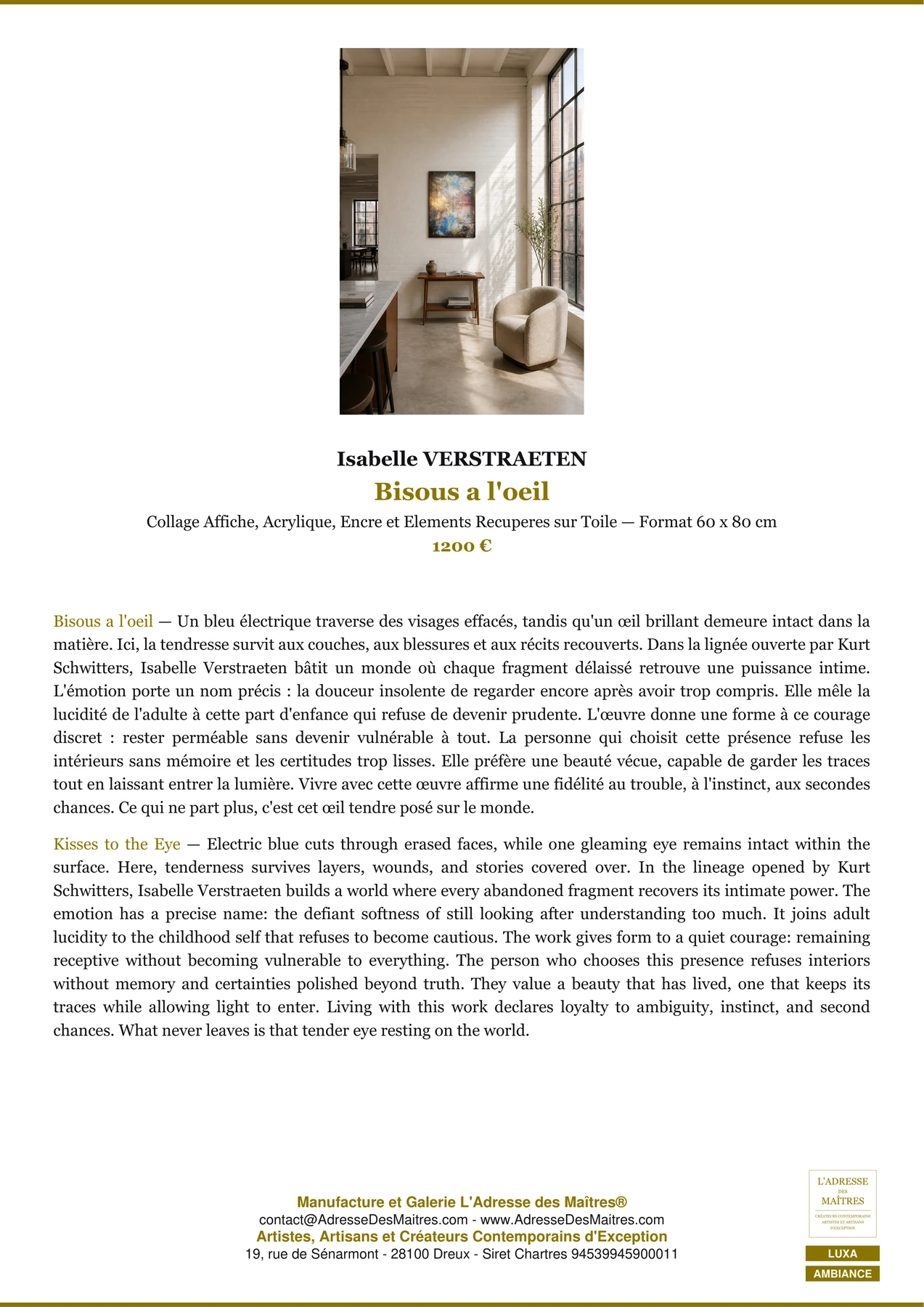 Fiche Premium Ambiance - Bisous a l'oeil - Isabelle VERSTRAETEN - L'Adresse des Maîtres®
