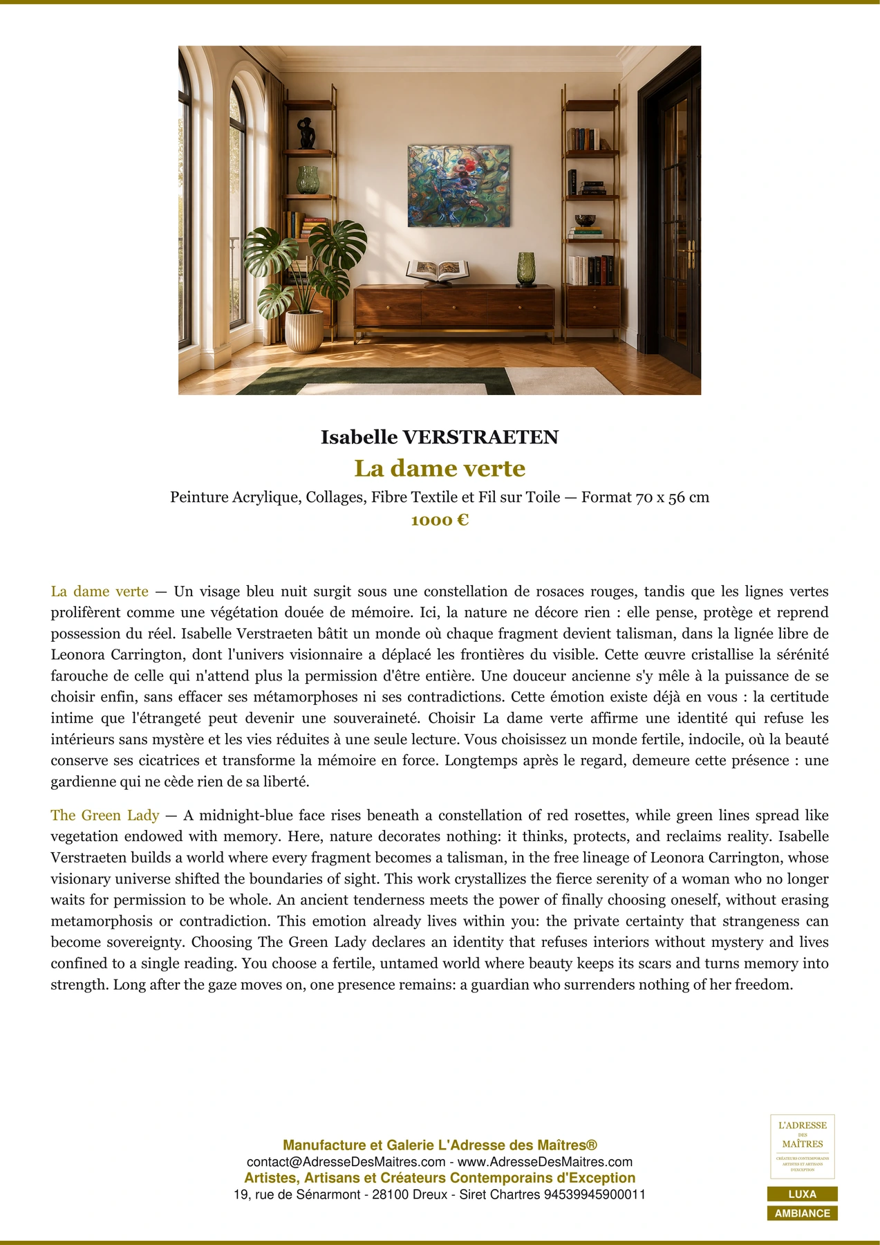 Fiche Premium Ambiance - La dame verte - Isabelle VERSTRAETEN - L'Adresse des Maîtres®