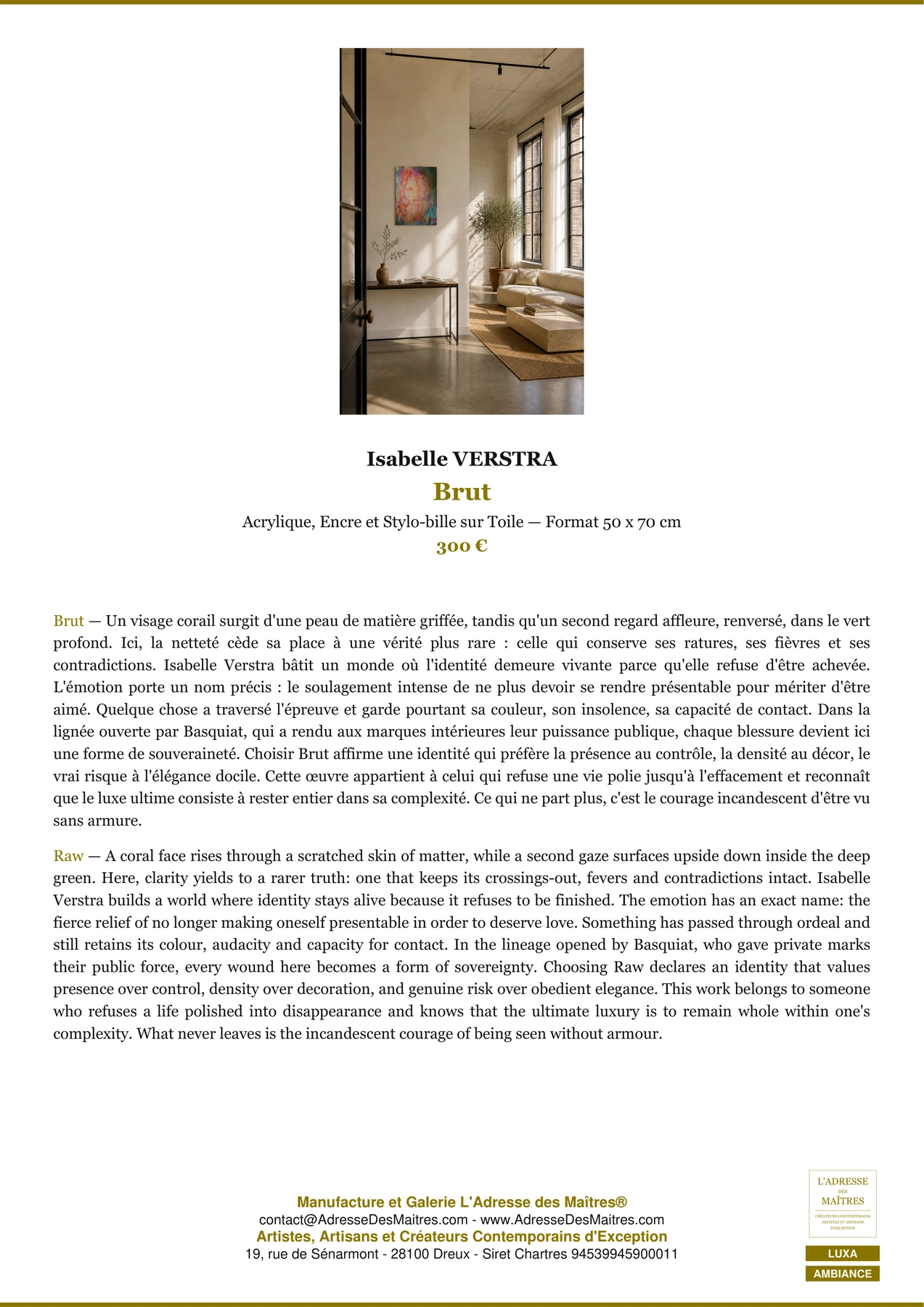 Fiche Premium Ambiance - Brut - Isabelle VERSTRA - L'Adresse des Maîtres®