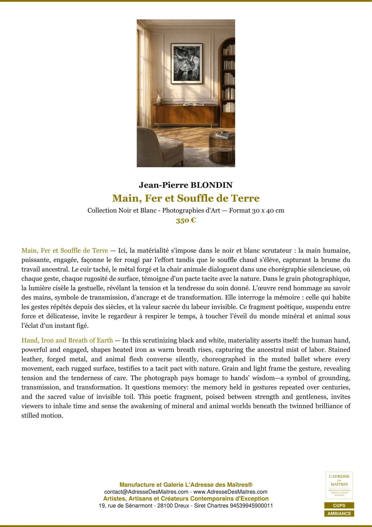 Fiche Premium Ambiance - Main, Fer et Souffle de Terre - Jean-Pierre BLONDIN - L'Adresse des Maîtres®