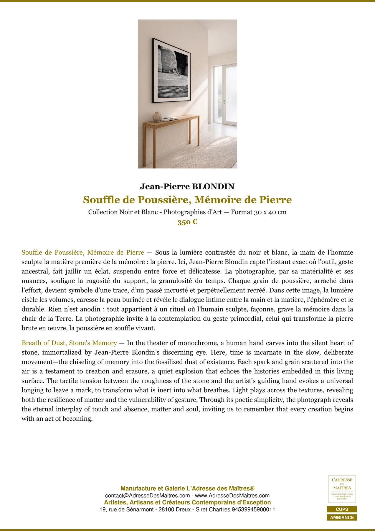 Fiche Premium Ambiance - Souffle de Poussière, Mémoire de Pierre - Jean-Pierre BLONDIN - L'Adresse des Maîtres®