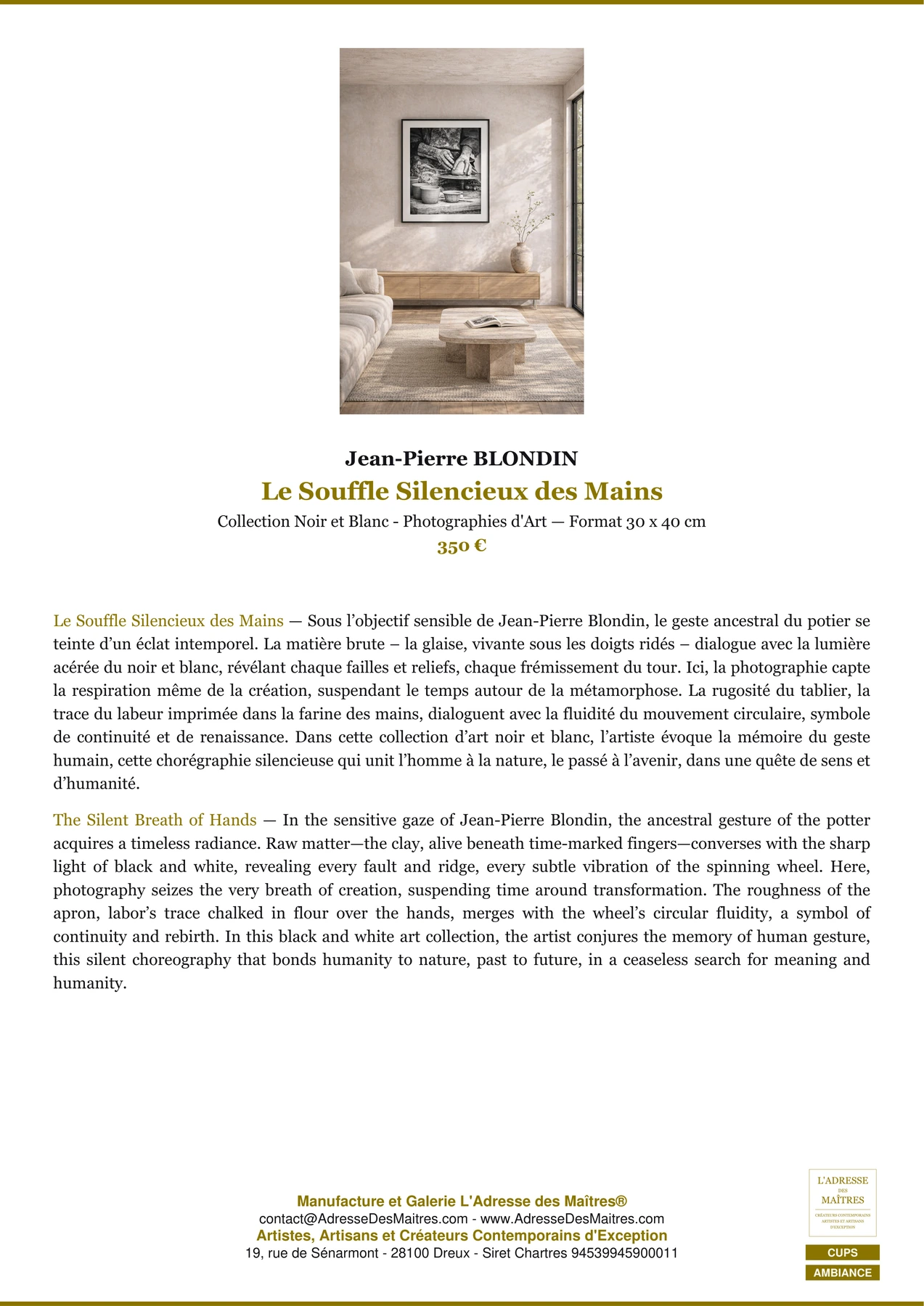 Fiche Premium Ambiance - Le Souffle Silencieux des Mains - Jean-Pierre BLONDIN - L'Adresse des Maîtres®
