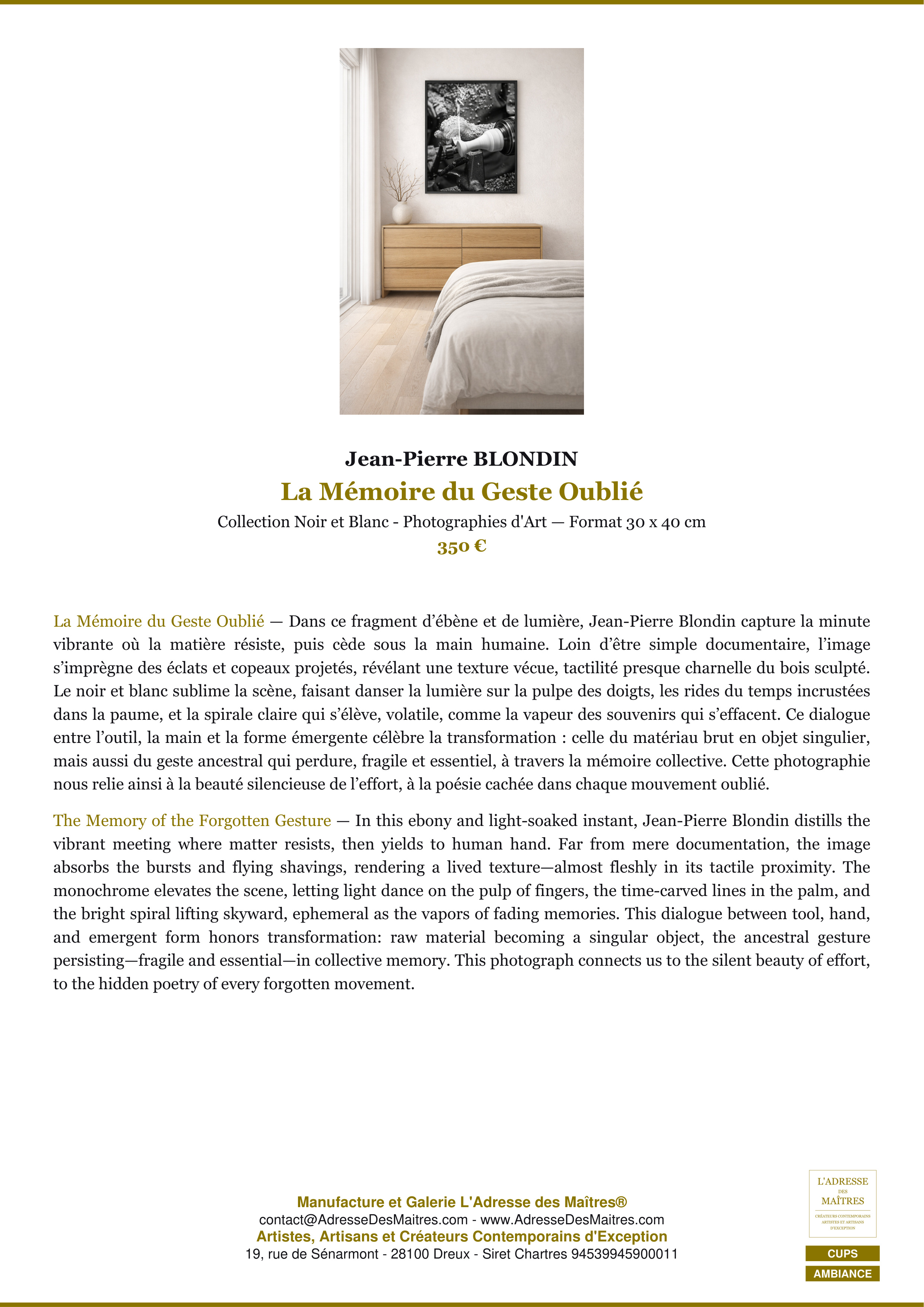 Fiche Premium Ambiance — La Mémoire du Geste Oublié — Jean-Pierre BLONDIN — L'Adresse des Maîtres®