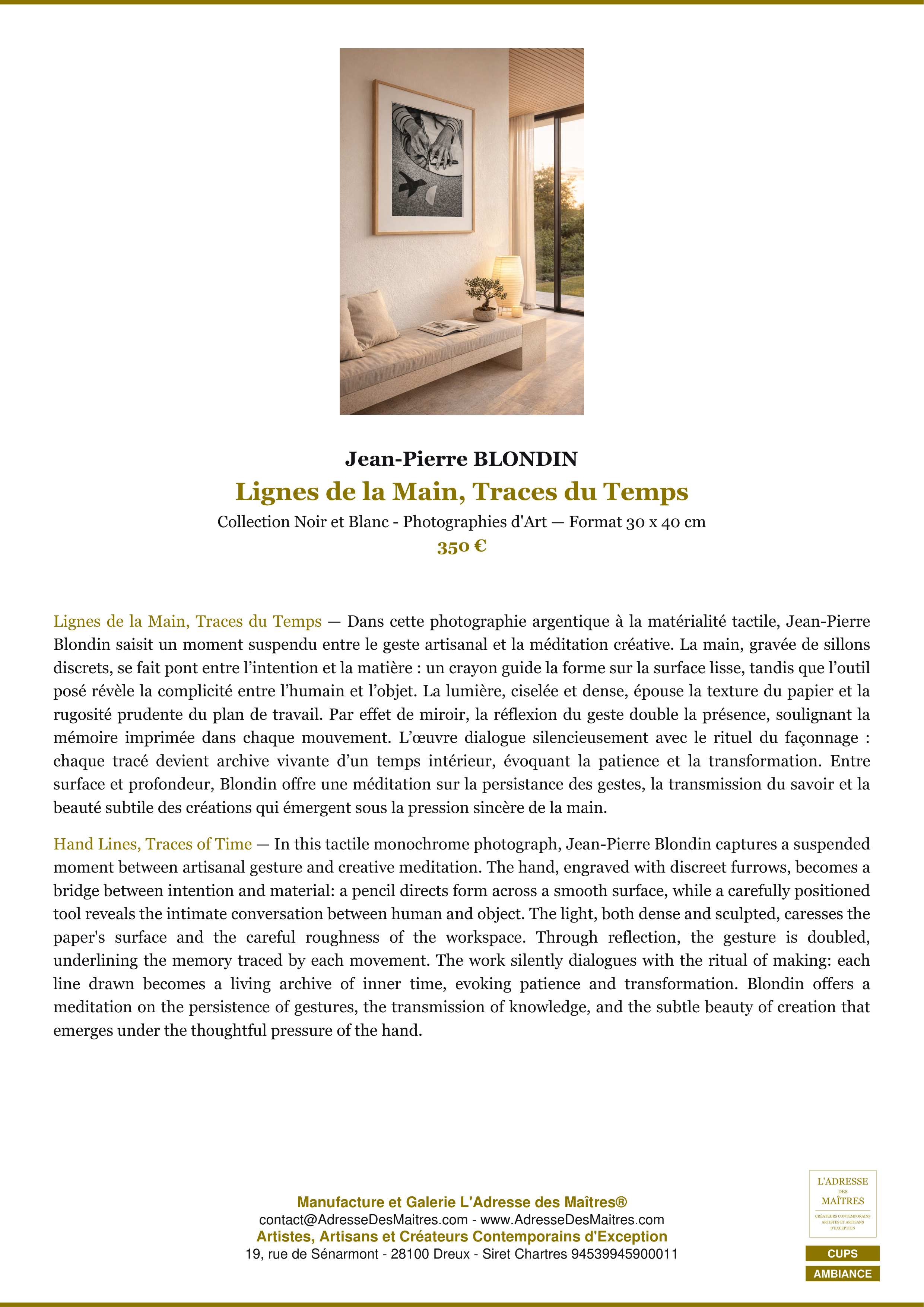 Fiche Premium Ambiance — Lignes de la Main, Traces du Temps — Jean-Pierre BLONDIN — L'Adresse des Maîtres®