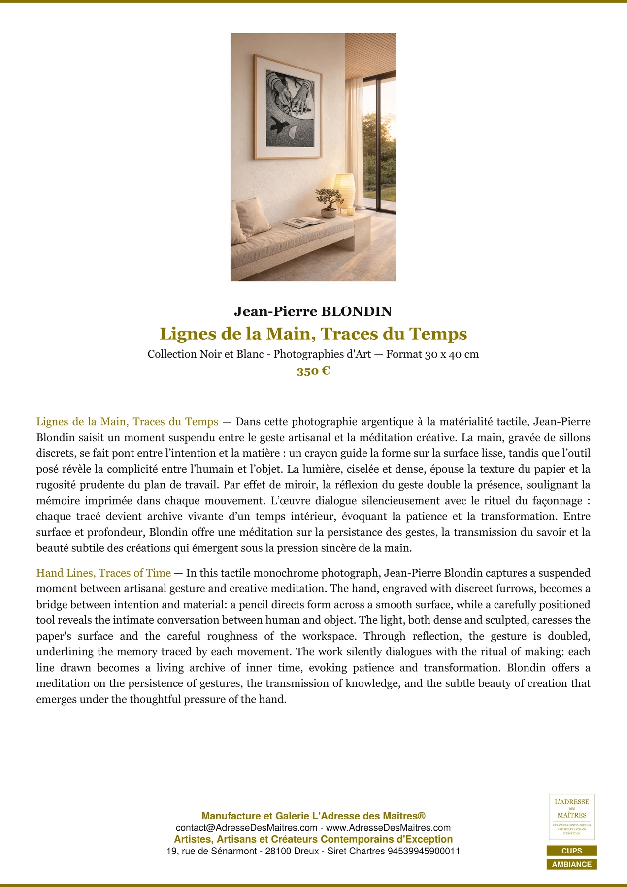 Fiche Premium Ambiance - Lignes de la Main, Traces du Temps - Jean-Pierre BLONDIN - L'Adresse des Maîtres®