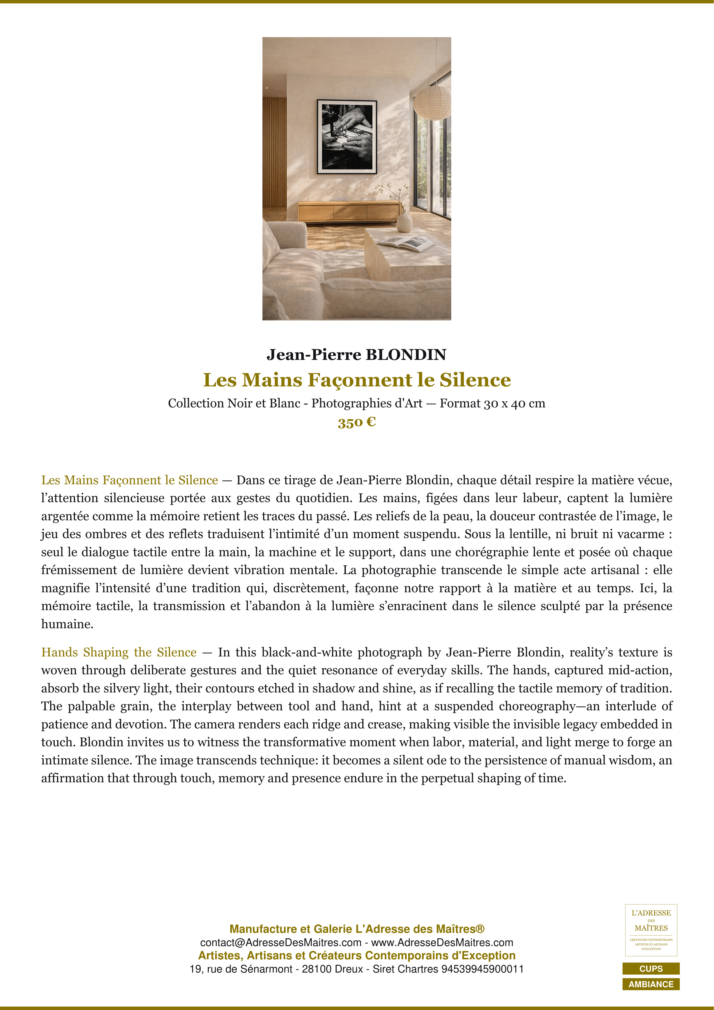 Fiche Premium Ambiance — Les Mains Façonnent le Silence — Jean-Pierre BLONDIN — L'Adresse des Maîtres®