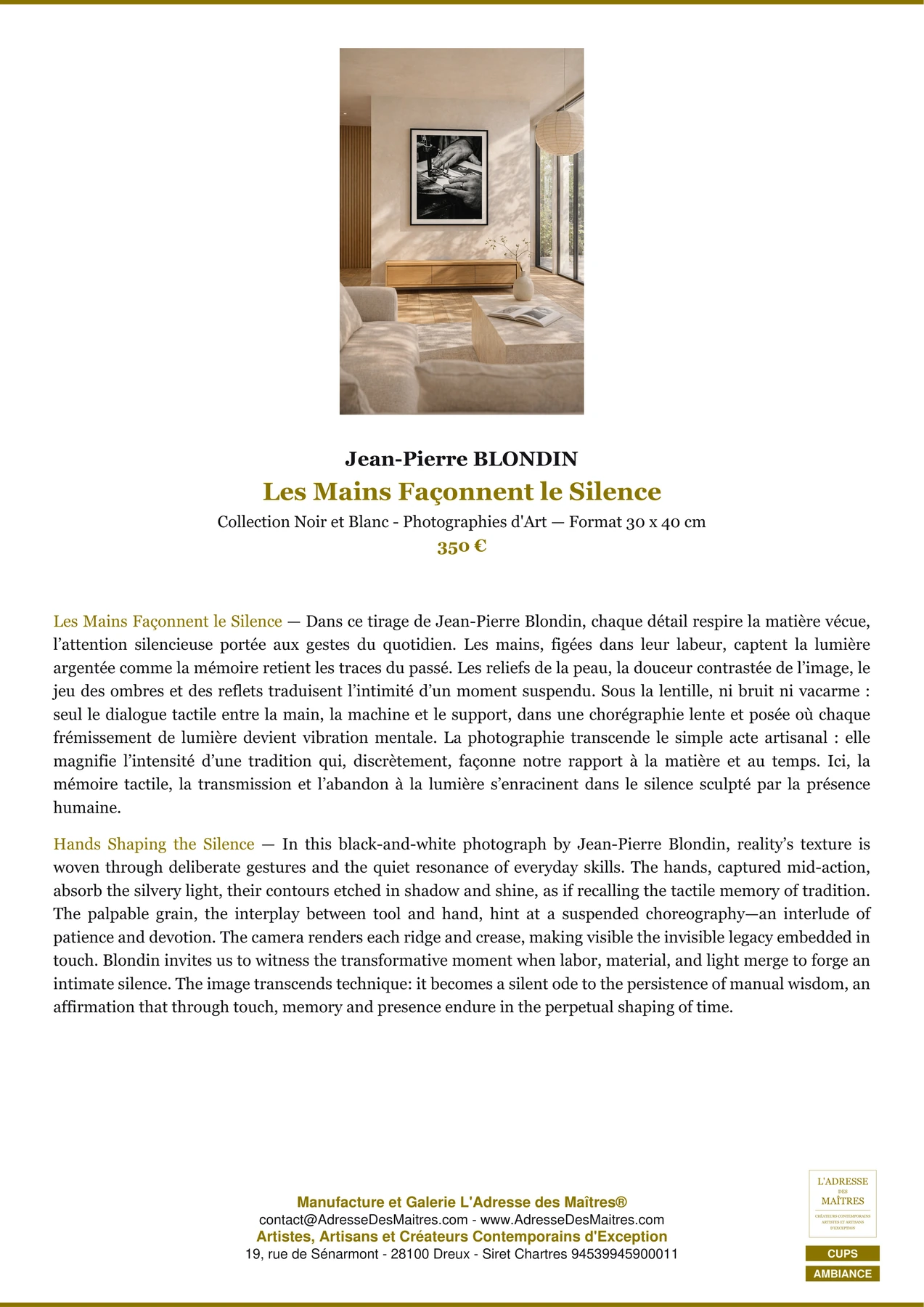 Fiche Premium Ambiance - Les Mains Façonnent le Silence - Jean-Pierre BLONDIN - L'Adresse des Maîtres®