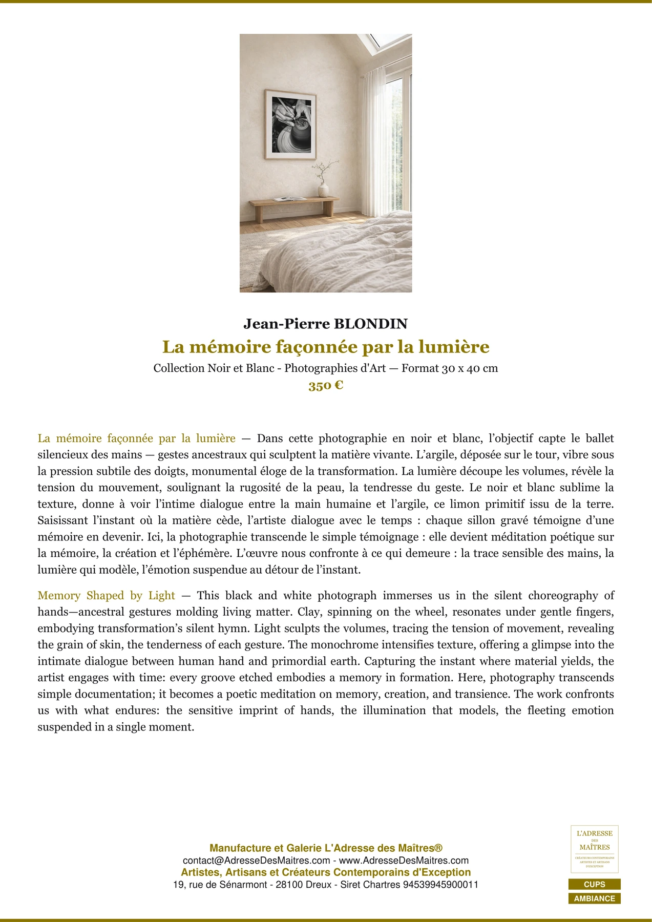 Fiche Premium Ambiance - La mémoire façonnée par la lumière - Jean-Pierre BLONDIN - L'Adresse des Maîtres®