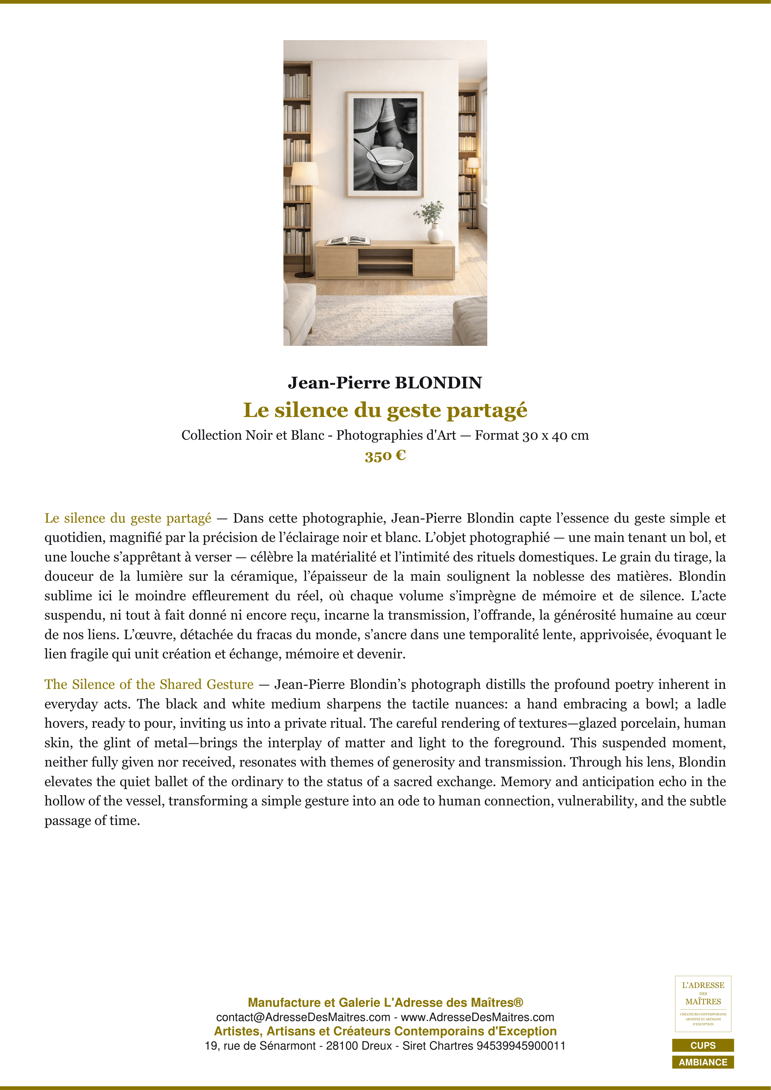 Fiche Premium Ambiance — Le silence du geste partagé — Jean-Pierre BLONDIN — L'Adresse des Maîtres®