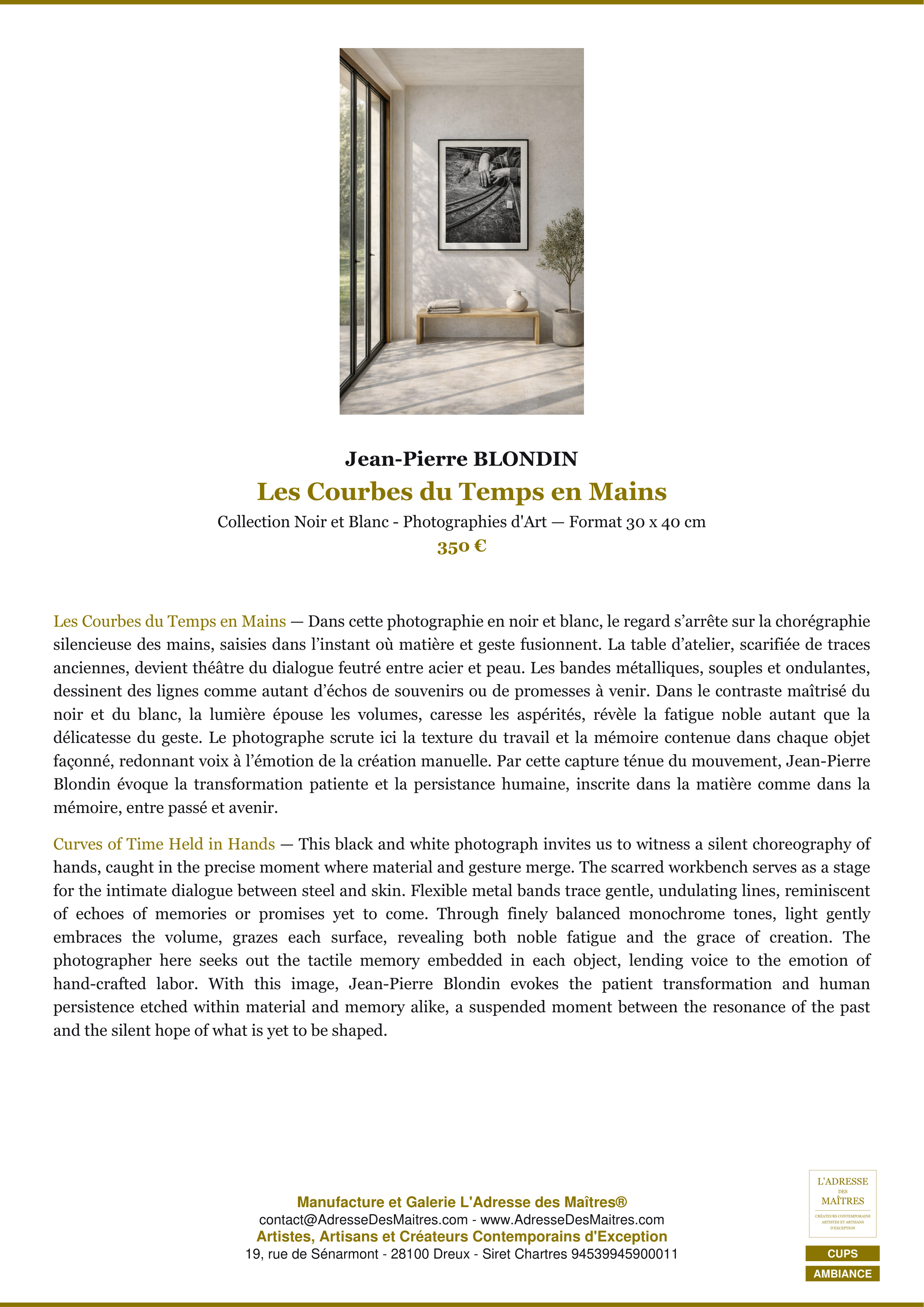 Fiche Premium Ambiance — Les Courbes du Temps en Mains — Jean-Pierre BLONDIN — L'Adresse des Maîtres®
