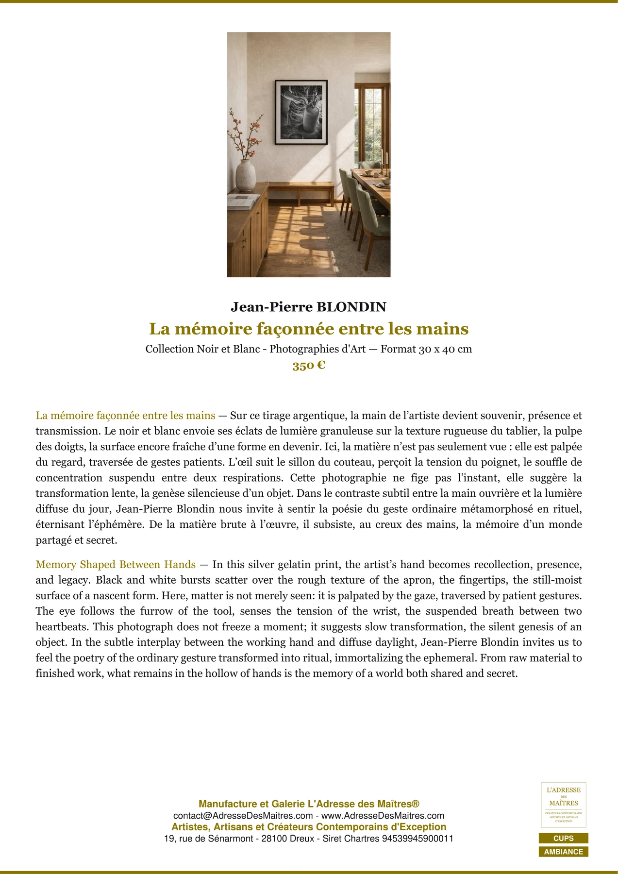 Fiche Premium Ambiance - La mémoire façonnée entre les mains - Jean-Pierre BLONDIN - L'Adresse des Maîtres®
