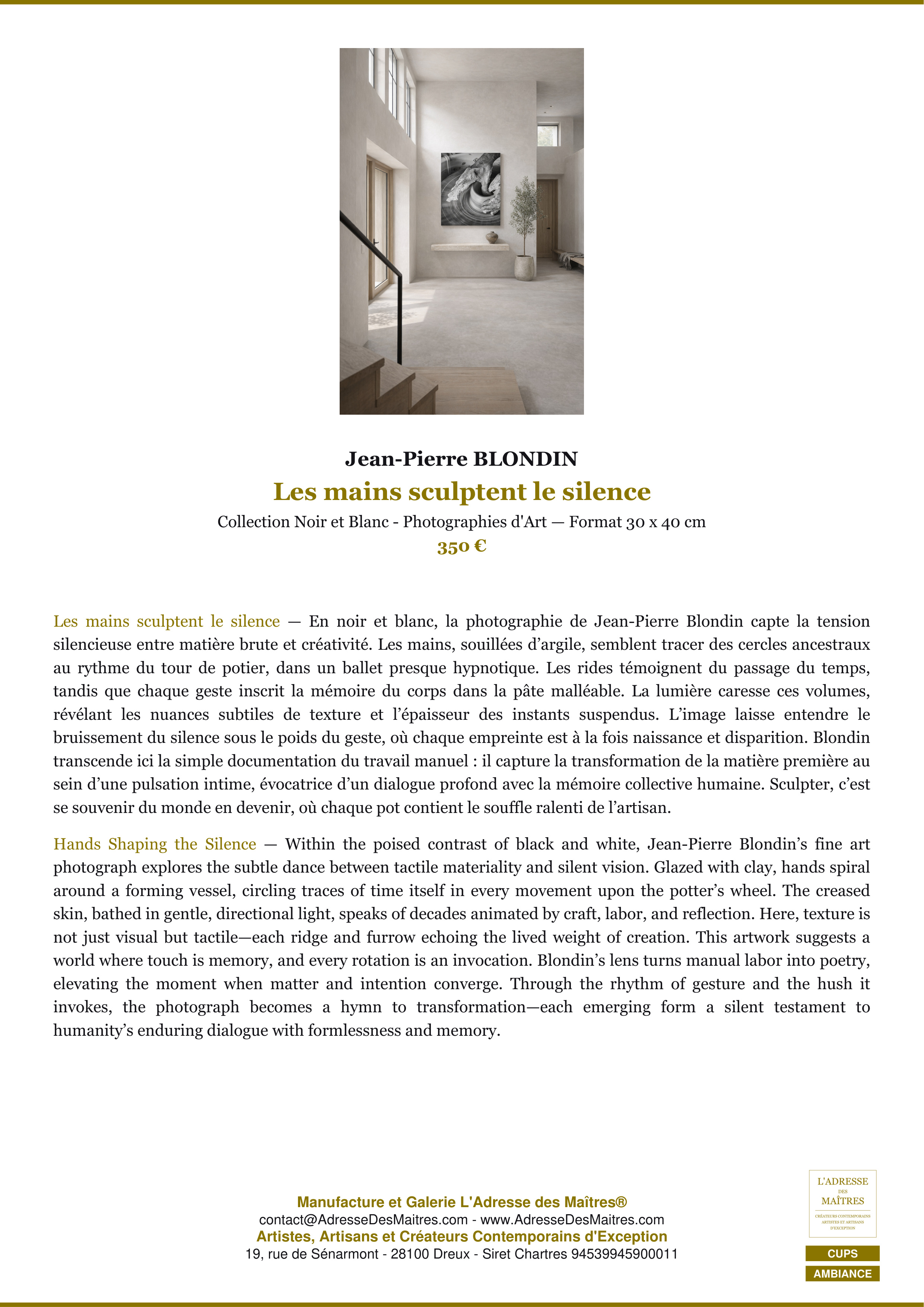 Fiche Premium Ambiance — Les mains sculptent le silence — Jean-Pierre BLONDIN — L'Adresse des Maîtres®