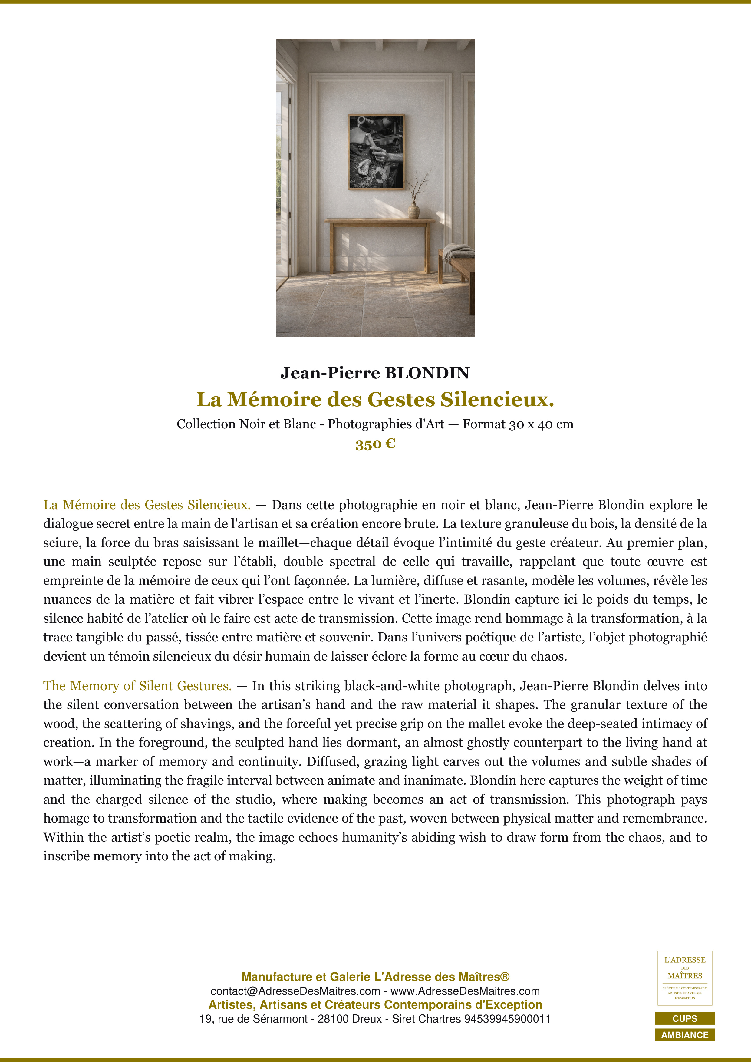 Fiche Premium Ambiance — La Mémoire des Gestes Silencieux. — Jean-Pierre BLONDIN — L'Adresse des Maîtres®