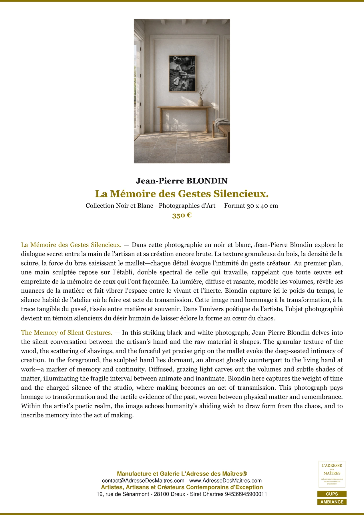 Fiche Premium Ambiance - La Mémoire des Gestes Silencieux. - Jean-Pierre BLONDIN - L'Adresse des Maîtres®