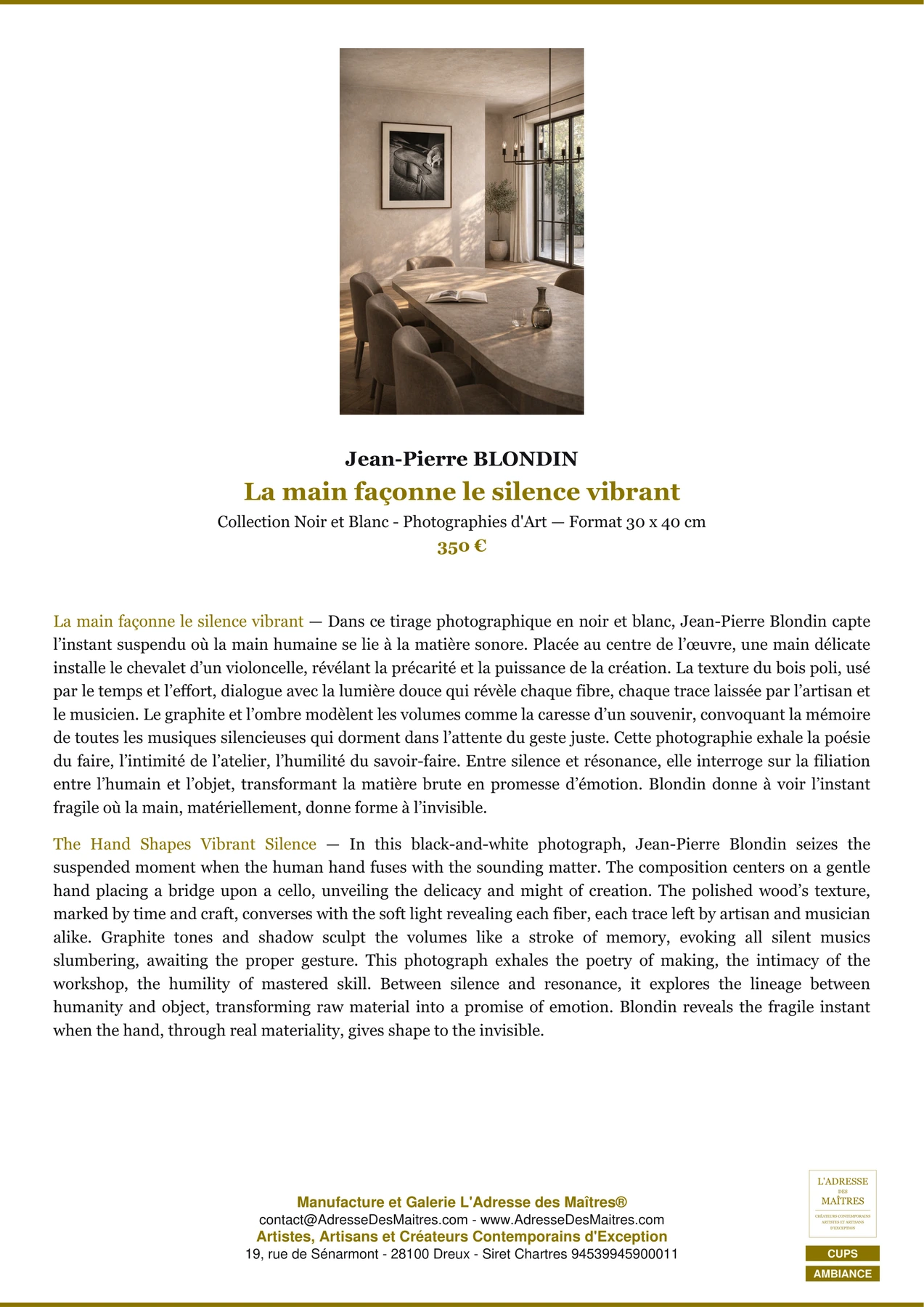 Fiche Premium Ambiance - La main façonne le silence vibrant - Jean-Pierre BLONDIN - L'Adresse des Maîtres®