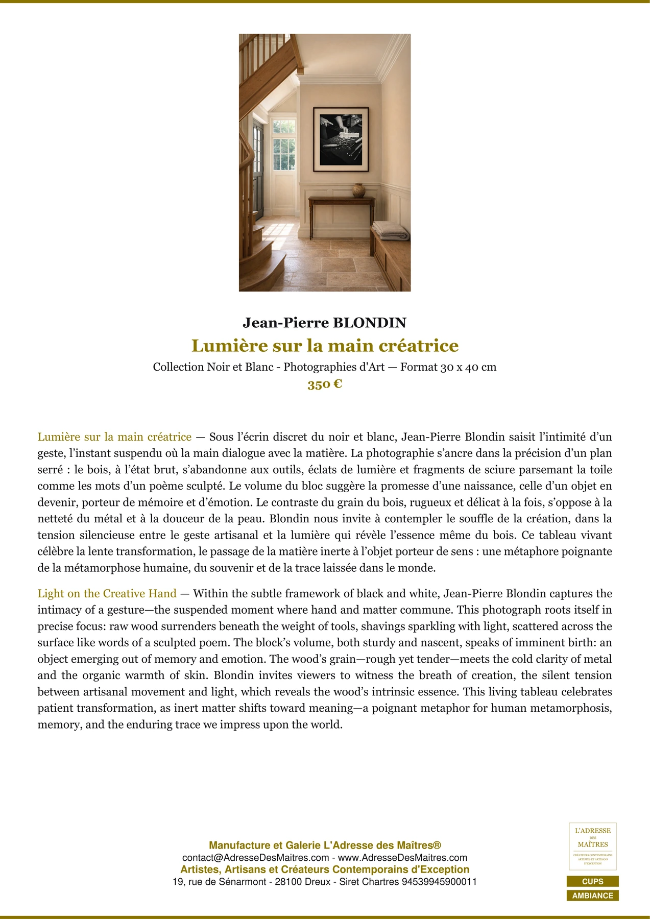 Fiche Premium Ambiance - Lumière sur la main créatrice - Jean-Pierre BLONDIN - L'Adresse des Maîtres®