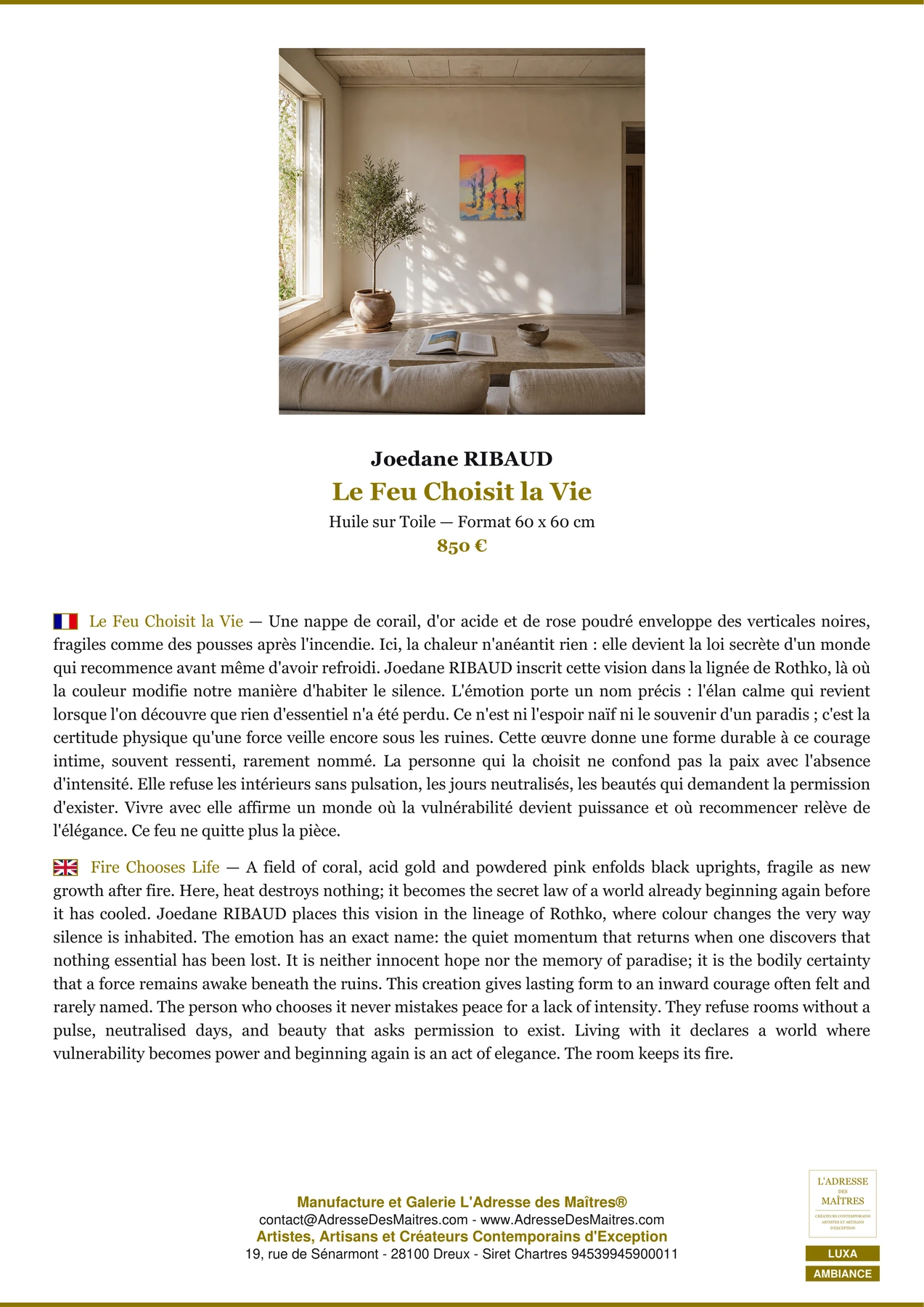 Fiche Premium Ambiance - Le Feu Choisit la Vie - Joedane RIBAUD - L'Adresse des Maîtres®