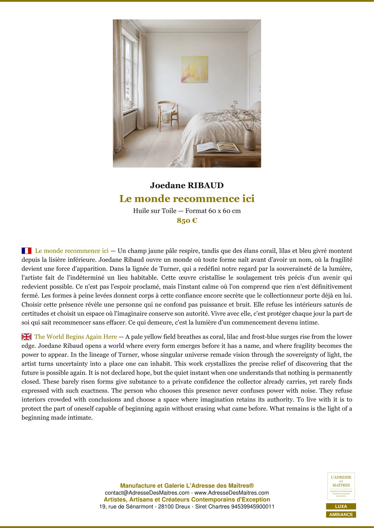 Fiche Premium Ambiance - Le monde recommence ici - Joedane RIBAUD - L'Adresse des Maîtres®