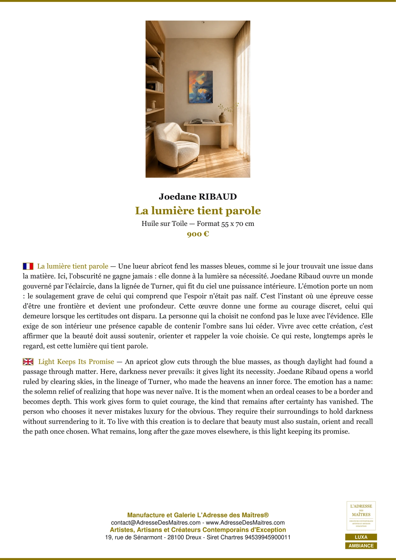 Fiche Premium Ambiance - La lumière tient parole - Joedane RIBAUD - L'Adresse des Maîtres®