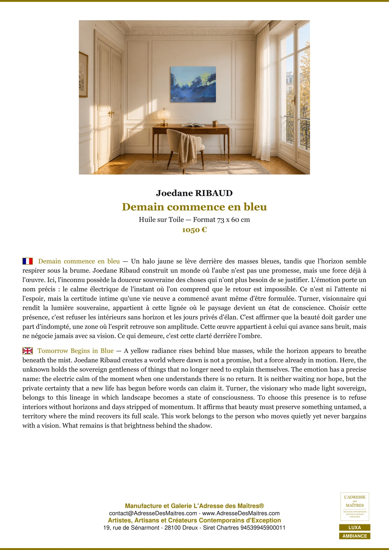Fiche Premium Ambiance - Demain commence en bleu - Joedane RIBAUD - L'Adresse des Maîtres®