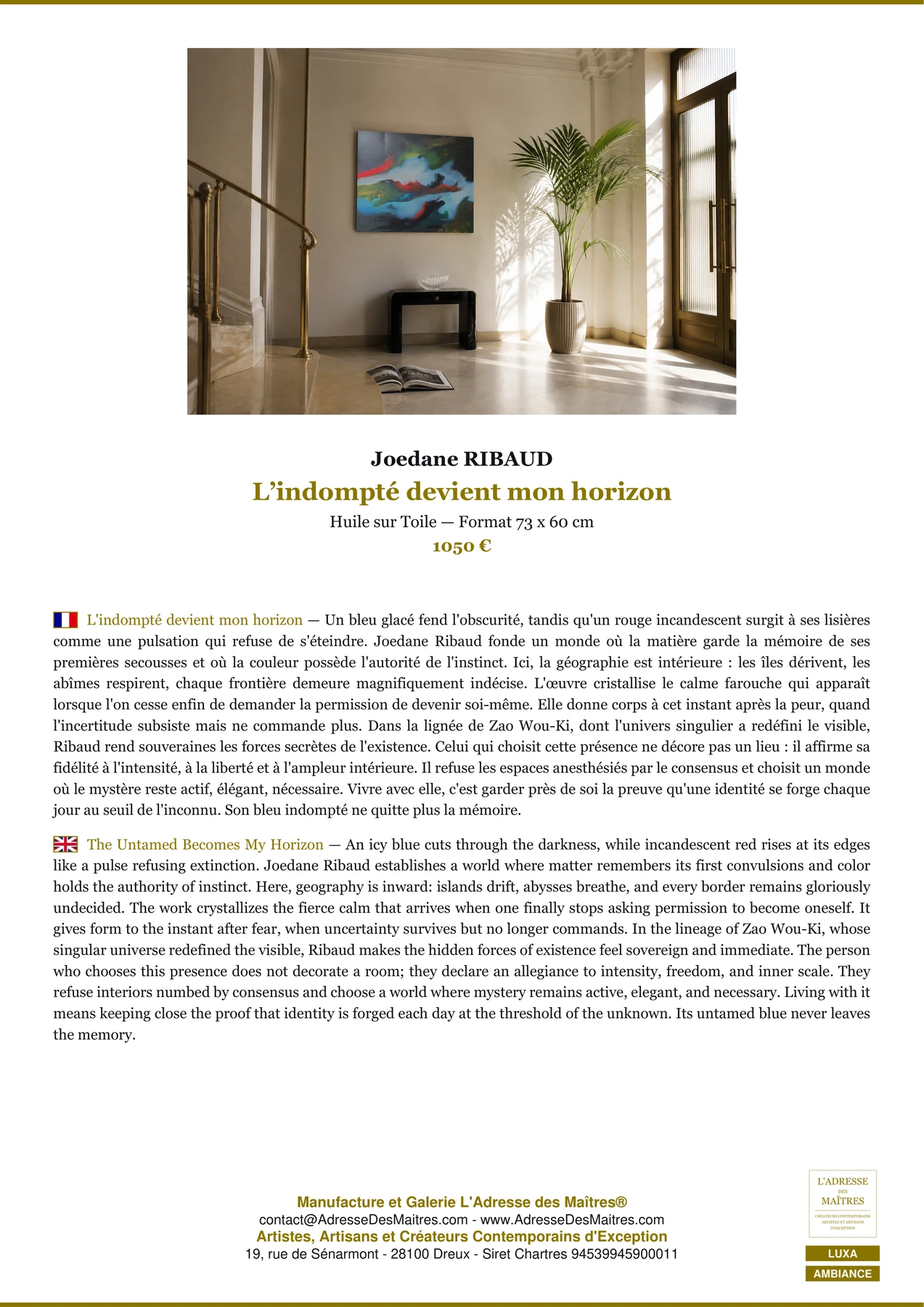 Fiche Premium Ambiance - L’indompté devient mon horizon - Joedane RIBAUD - L'Adresse des Maîtres®