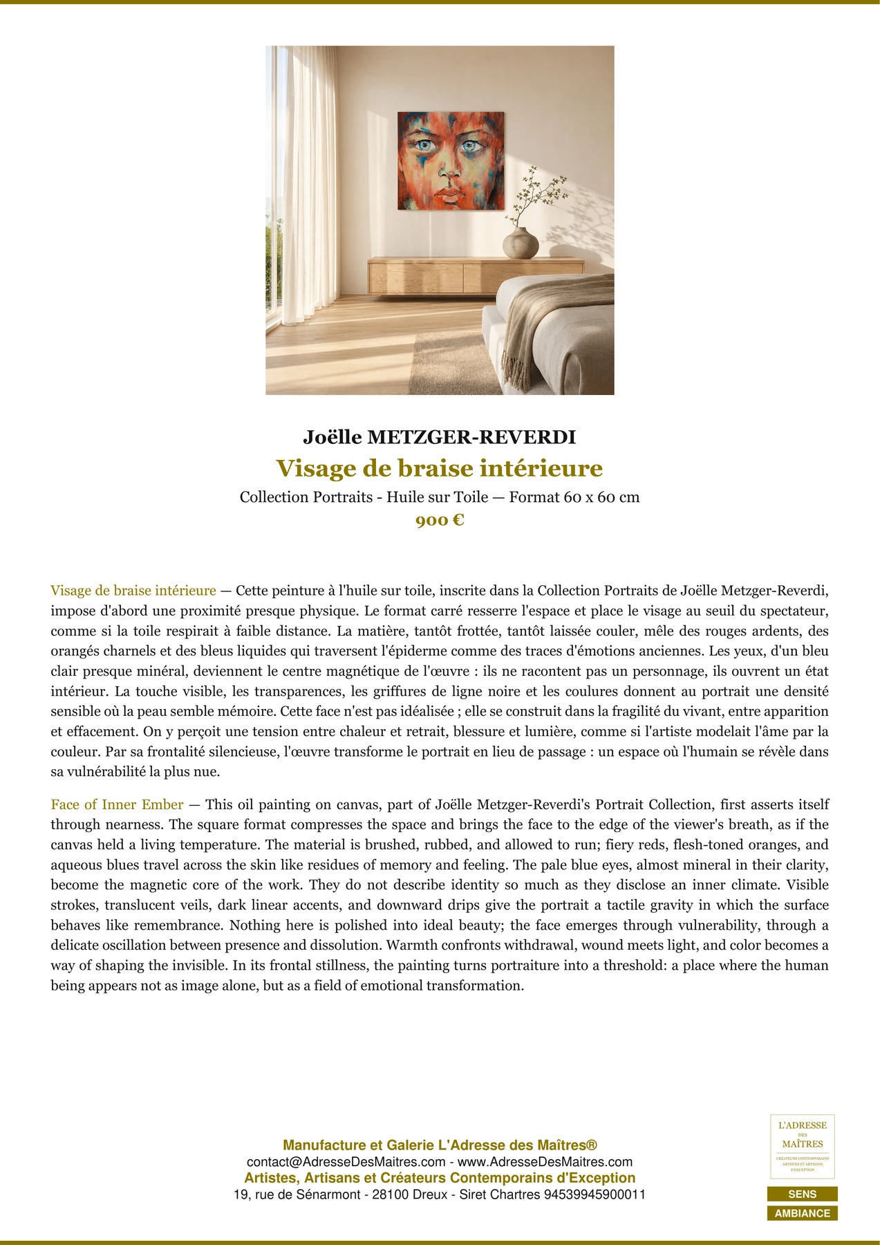 Fiche Premium Ambiance — Visage de braise intérieure — Joëlle METZGER-REVERDI — L'Adresse des Maîtres®