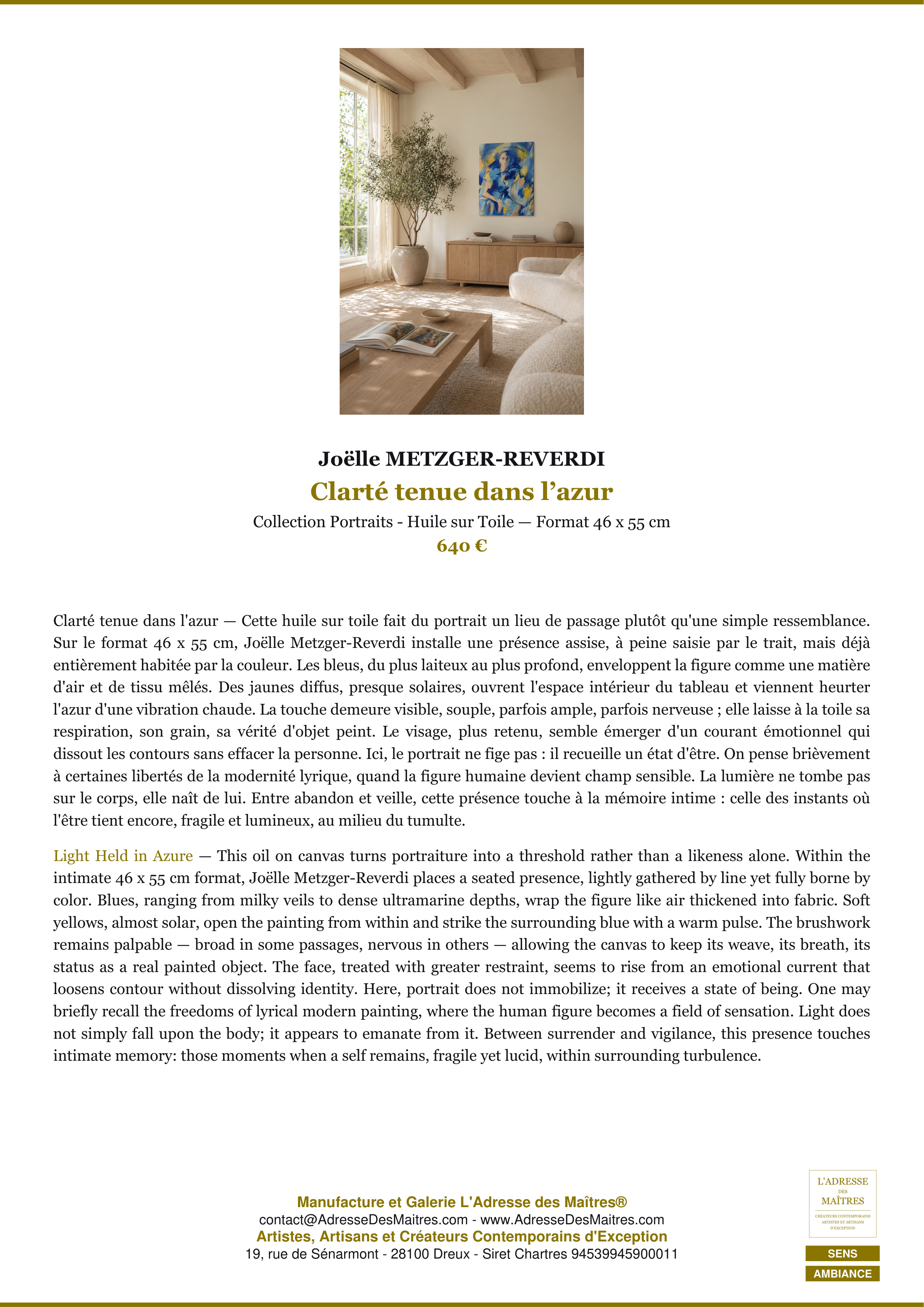 Fiche Premium Ambiance — Clarté tenue dans l’azur — Joëlle METZGER-REVERDI — L'Adresse des Maîtres®
