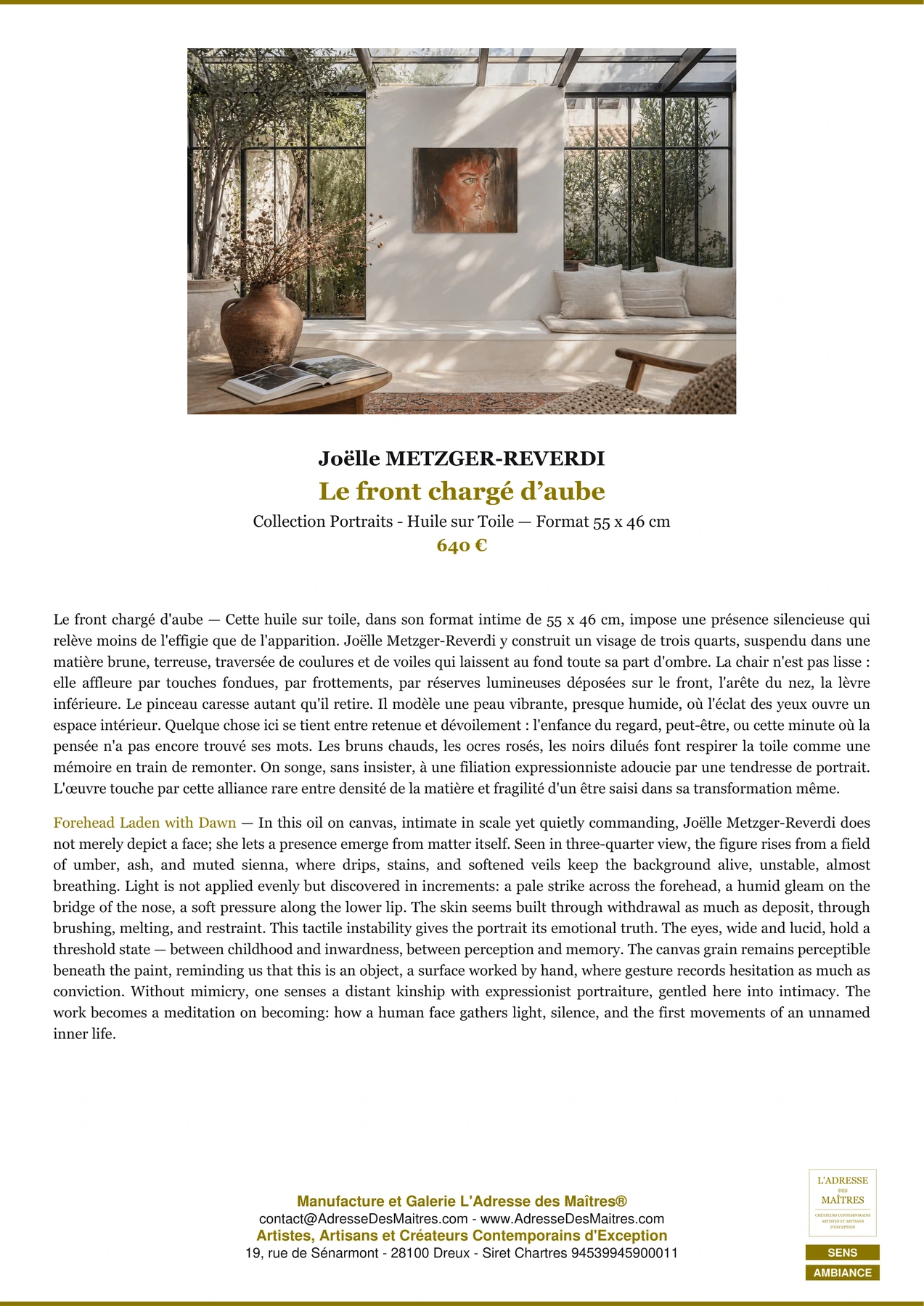 Fiche Premium Ambiance — Le front chargé d’aube — Joëlle METZGER-REVERDI — L'Adresse des Maîtres®