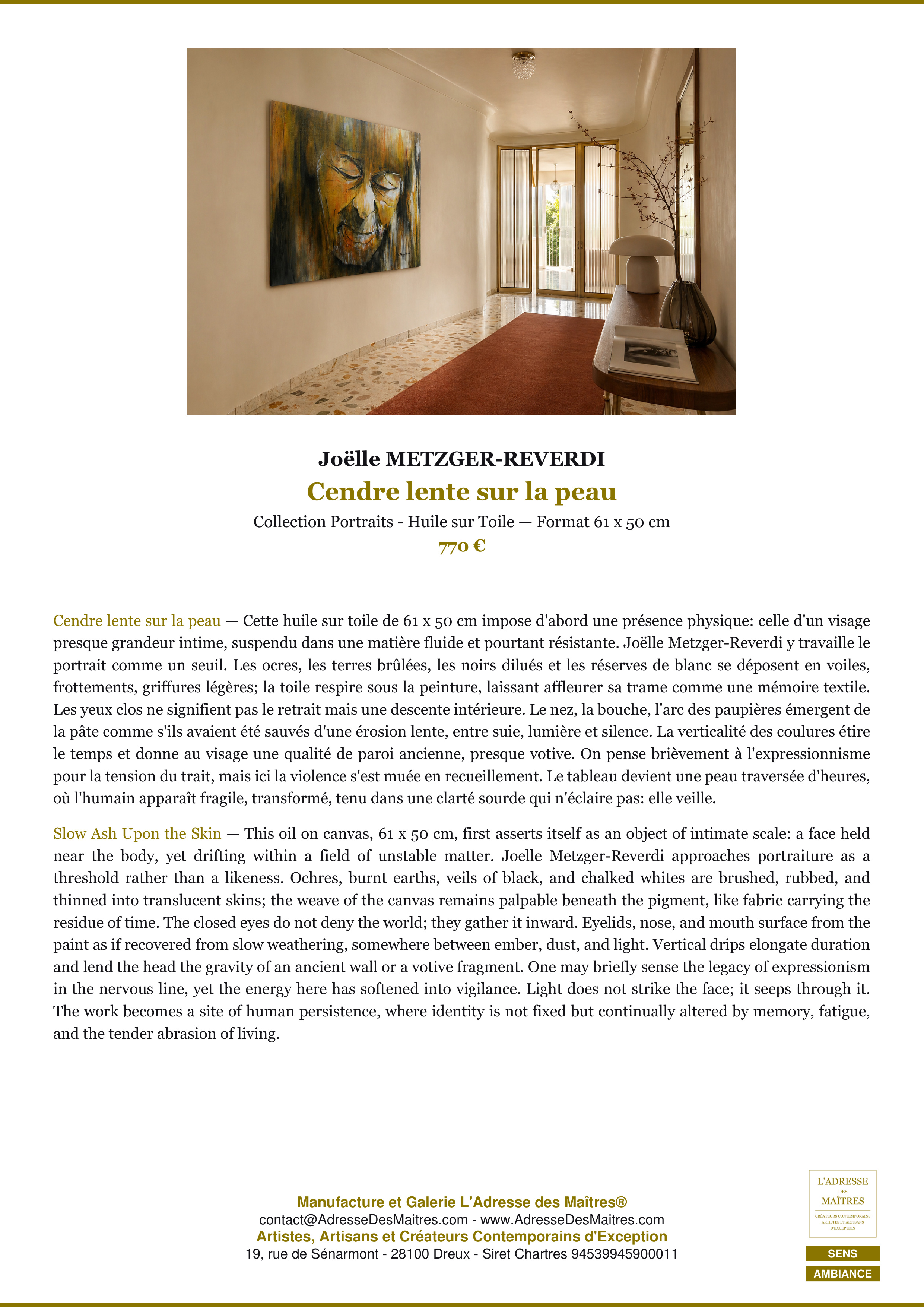 Fiche Premium Ambiance — Cendre lente sur la peau — Joëlle METZGER-REVERDI — L'Adresse des Maîtres®