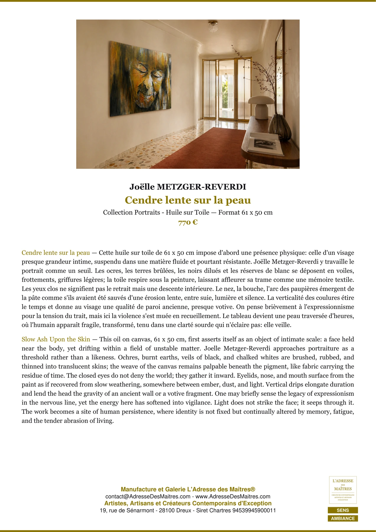 Fiche Premium Ambiance — Cendre lente sur la peau — Joëlle METZGER-REVERDI — L'Adresse des Maîtres®