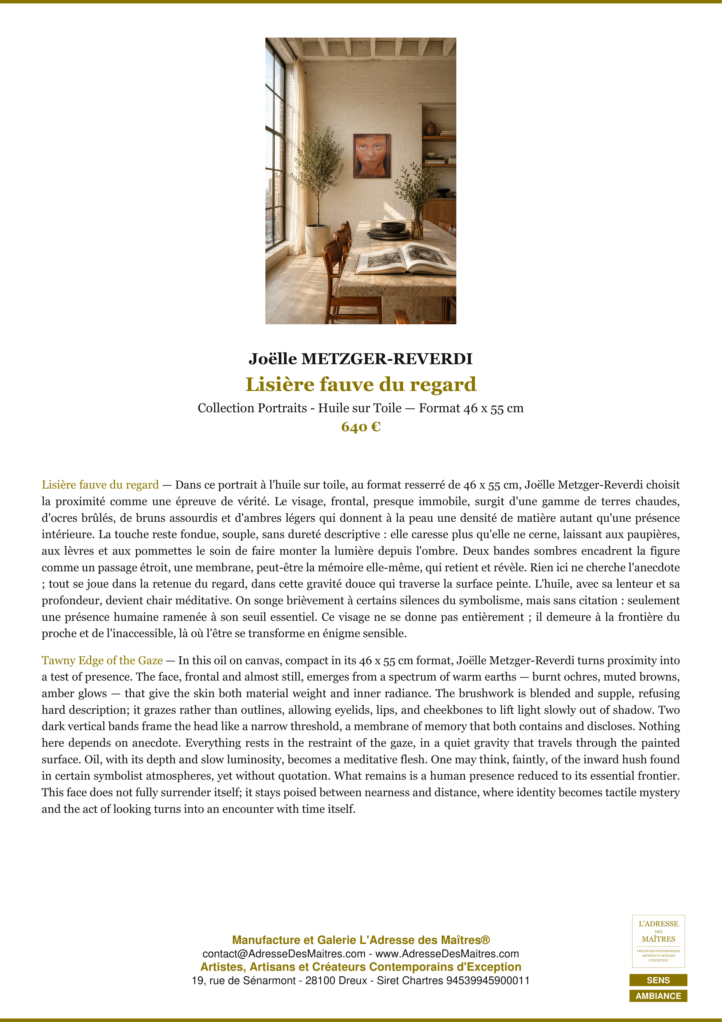 Fiche Premium Ambiance — Lisière fauve du regard — Joëlle METZGER-REVERDI — L'Adresse des Maîtres®