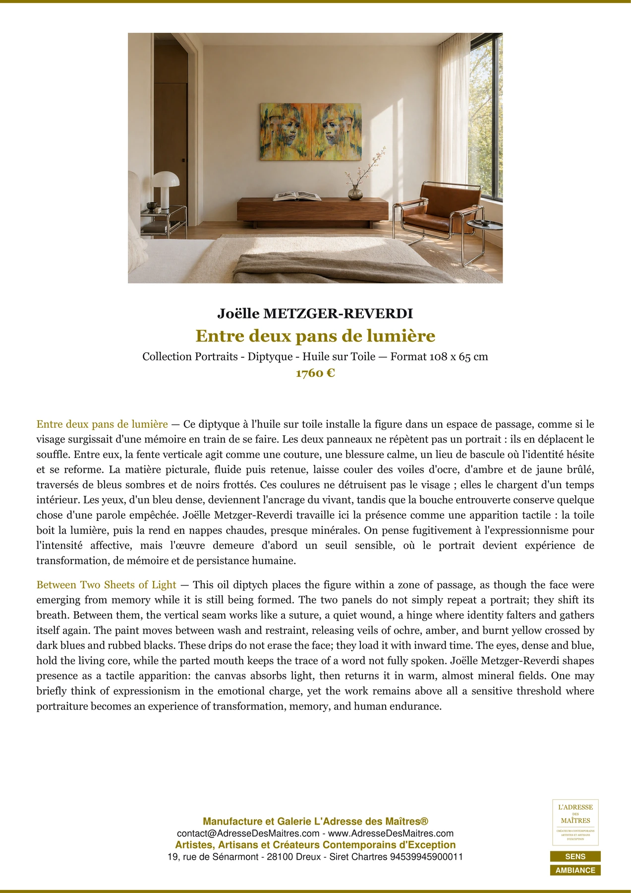 Fiche Premium Ambiance — Entre deux pans de lumière — Joëlle METZGER-REVERDI — L'Adresse des Maîtres®