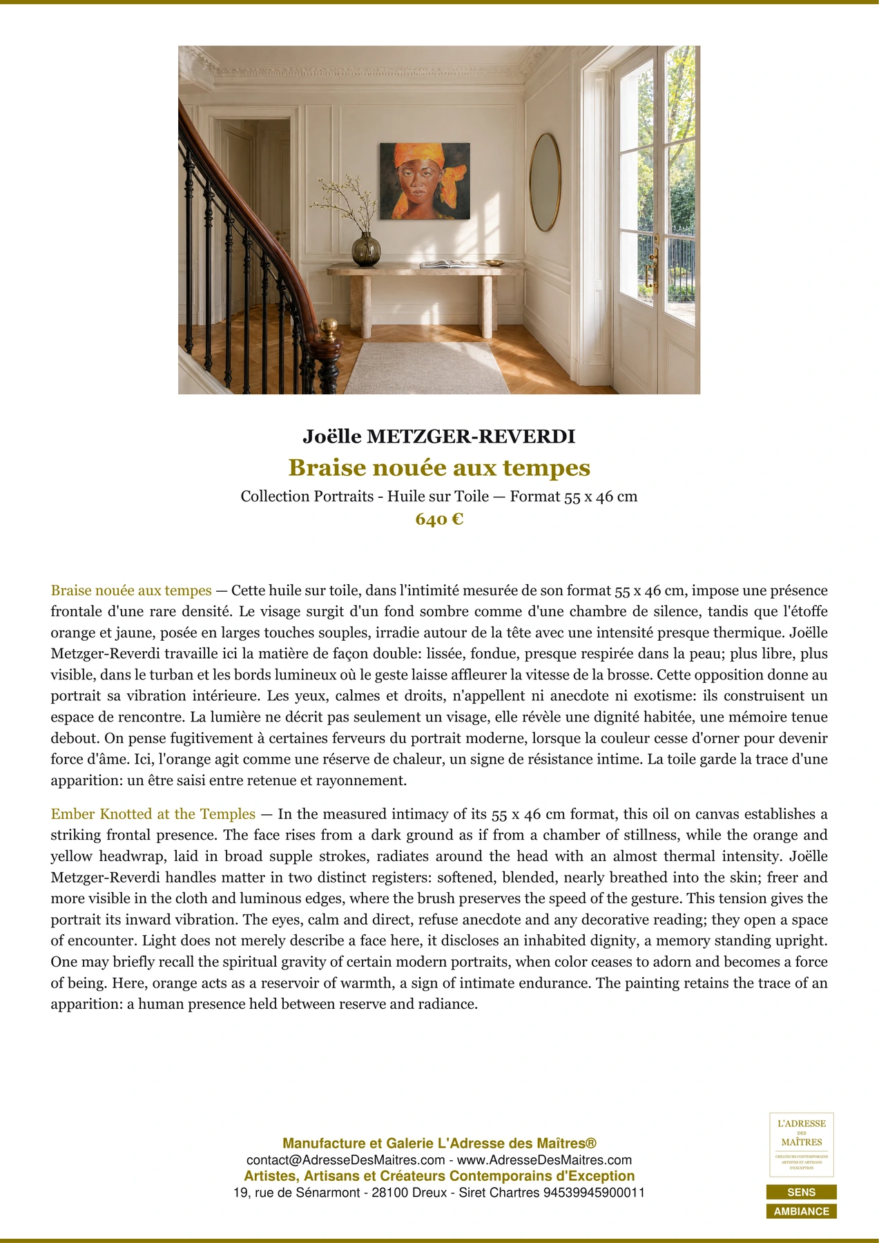 Fiche Premium Ambiance — Braise nouée aux tempes — Joëlle METZGER-REVERDI — L'Adresse des Maîtres®