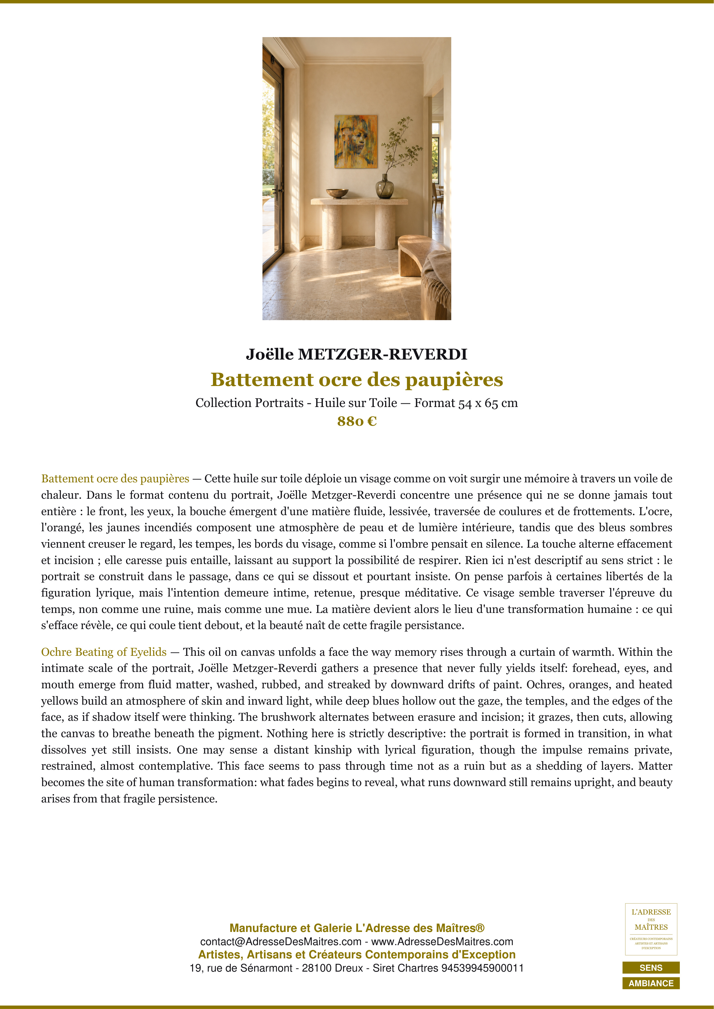 Fiche Premium Ambiance — Battement ocre des paupières — Joëlle METZGER-REVERDI — L'Adresse des Maîtres®