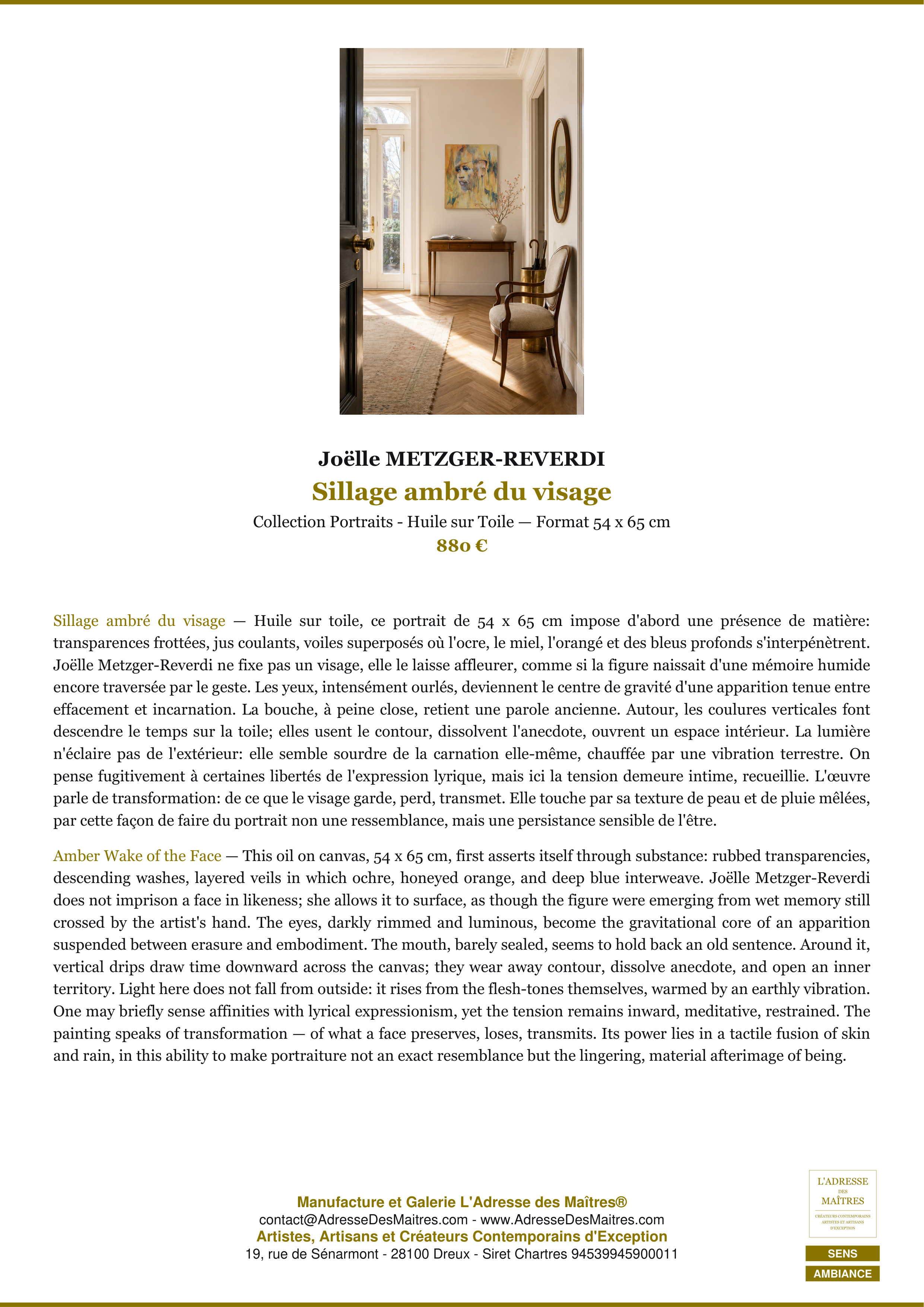 Fiche Premium Ambiance — Sillage ambré du visage — Joëlle METZGER-REVERDI — L'Adresse des Maîtres®
