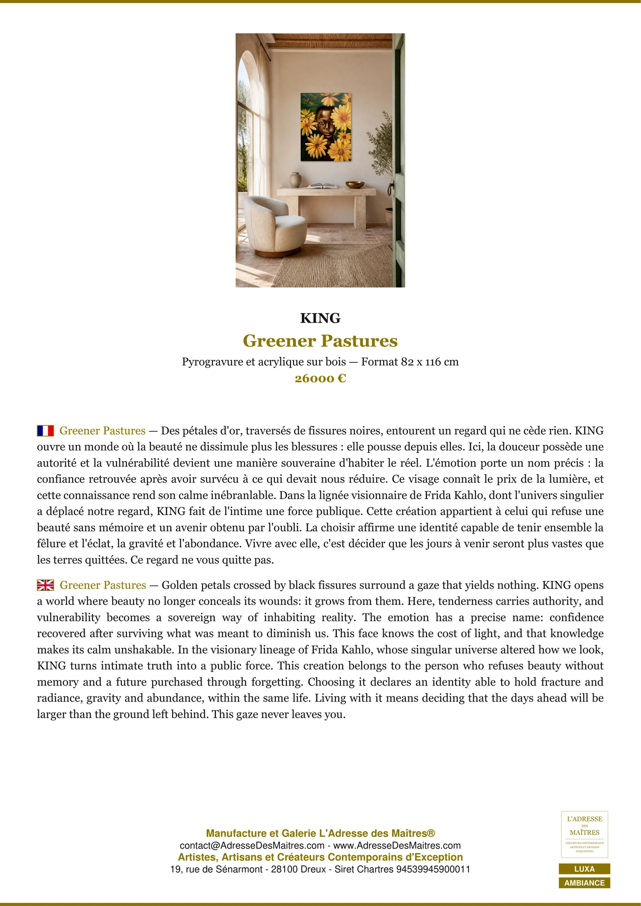Fiche Premium Ambiance - Greener Pastures - KING - L'Adresse des Maîtres®