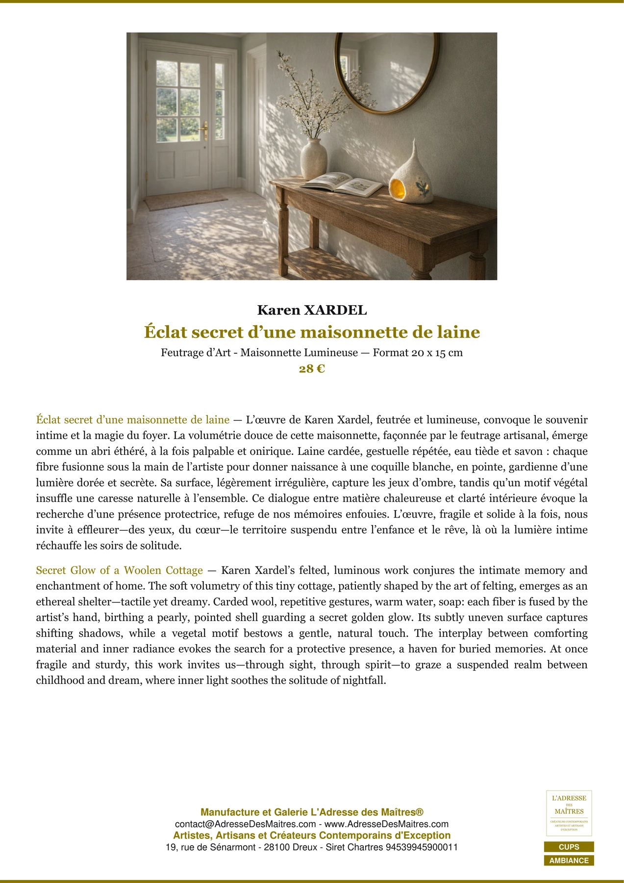 Fiche Premium Ambiance - Éclat secret d’une maisonnette de laine - Karen XARDEL - L'Adresse des Maîtres®