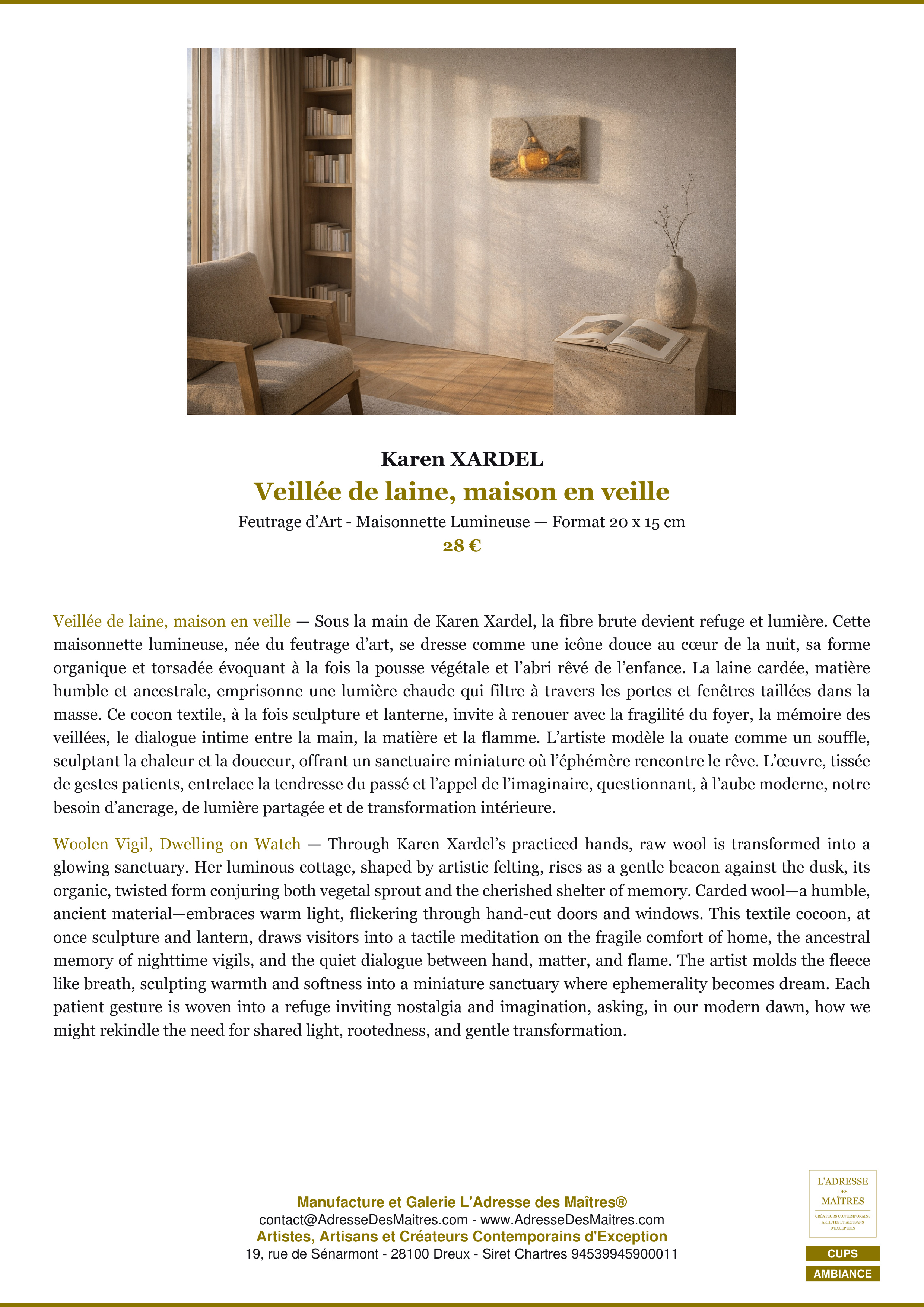 Fiche Premium Ambiance — Veillée de laine, maison en veille — Karen XARDEL — L'Adresse des Maîtres®