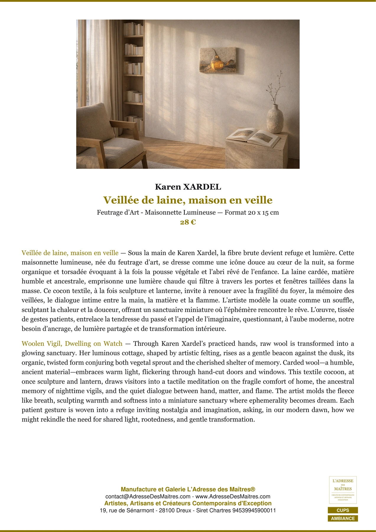 Fiche Premium Ambiance - Veillée de laine, maison en veille - Karen XARDEL - L'Adresse des Maîtres®