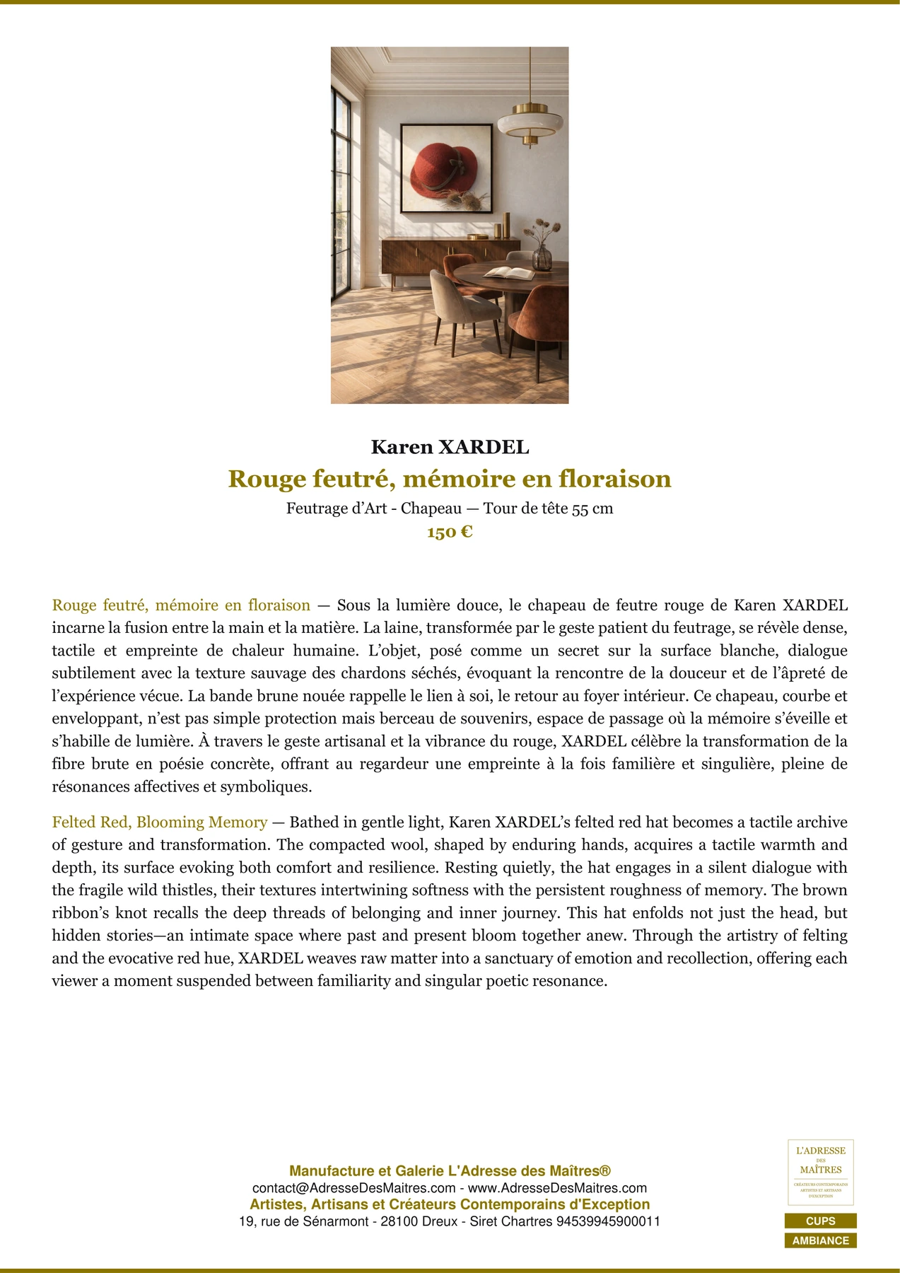 Fiche Premium Ambiance - Rouge feutré, mémoire en floraison - Karen XARDEL - L'Adresse des Maîtres®