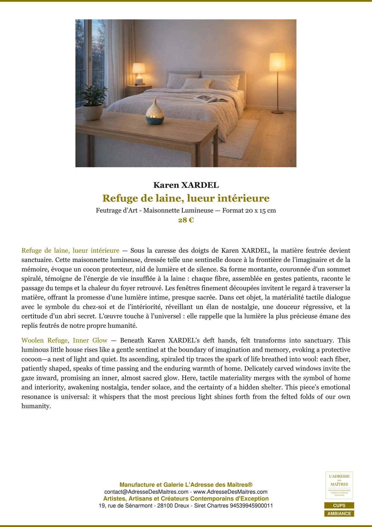 Fiche Premium Ambiance - Refuge de laine, lueur intérieure - Karen XARDEL - L'Adresse des Maîtres®
