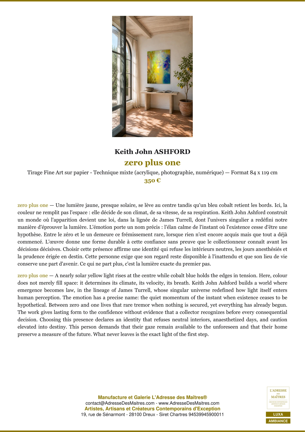 Fiche Premium Ambiance - zero plus one - Keith John ASHFORD - L'Adresse des Maîtres®