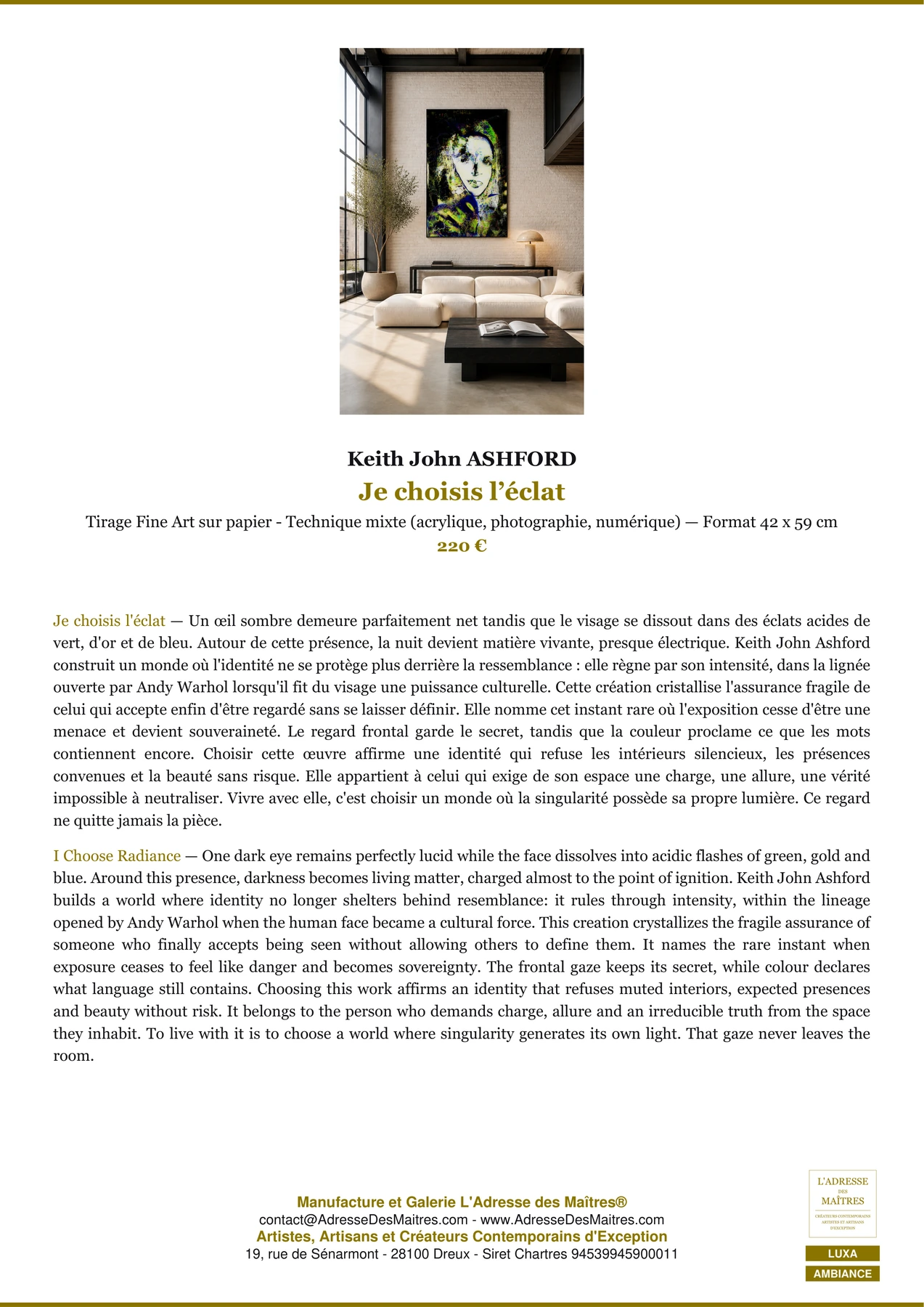 Fiche Premium Ambiance - Je choisis l’éclat - Keith John ASHFORD - L'Adresse des Maîtres®