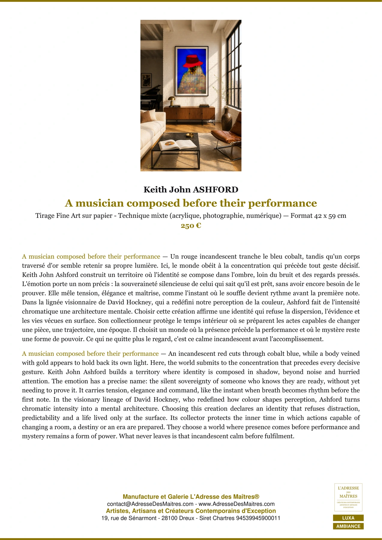 Fiche Premium Ambiance - A musician composed before their performance - Keith John ASHFORD - L'Adresse des Maîtres®